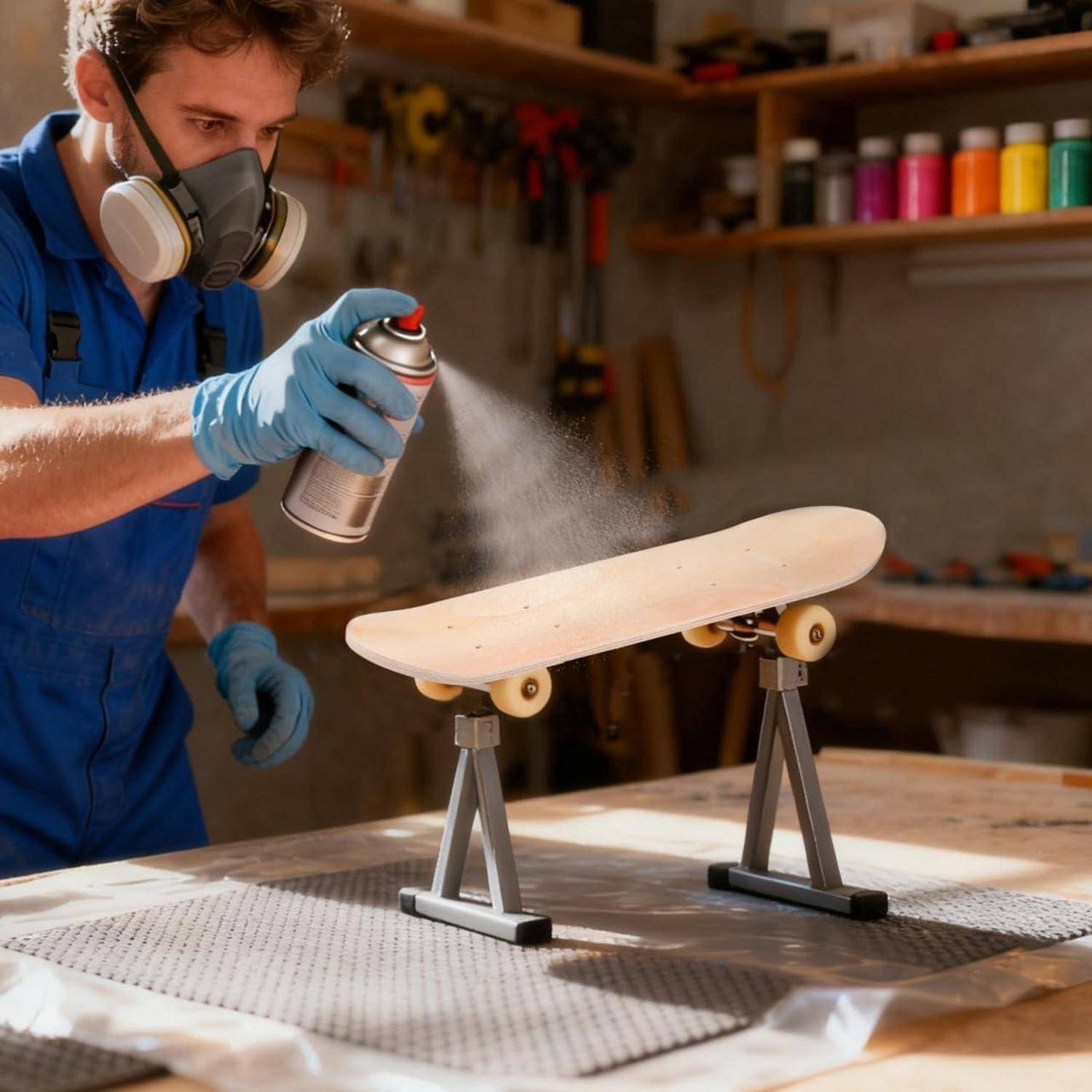 Eine Person, die einen Atemschutz trägt, sprayt ein auf Ständern montiertes Skateboard-Deck in einer Werkstatt an.