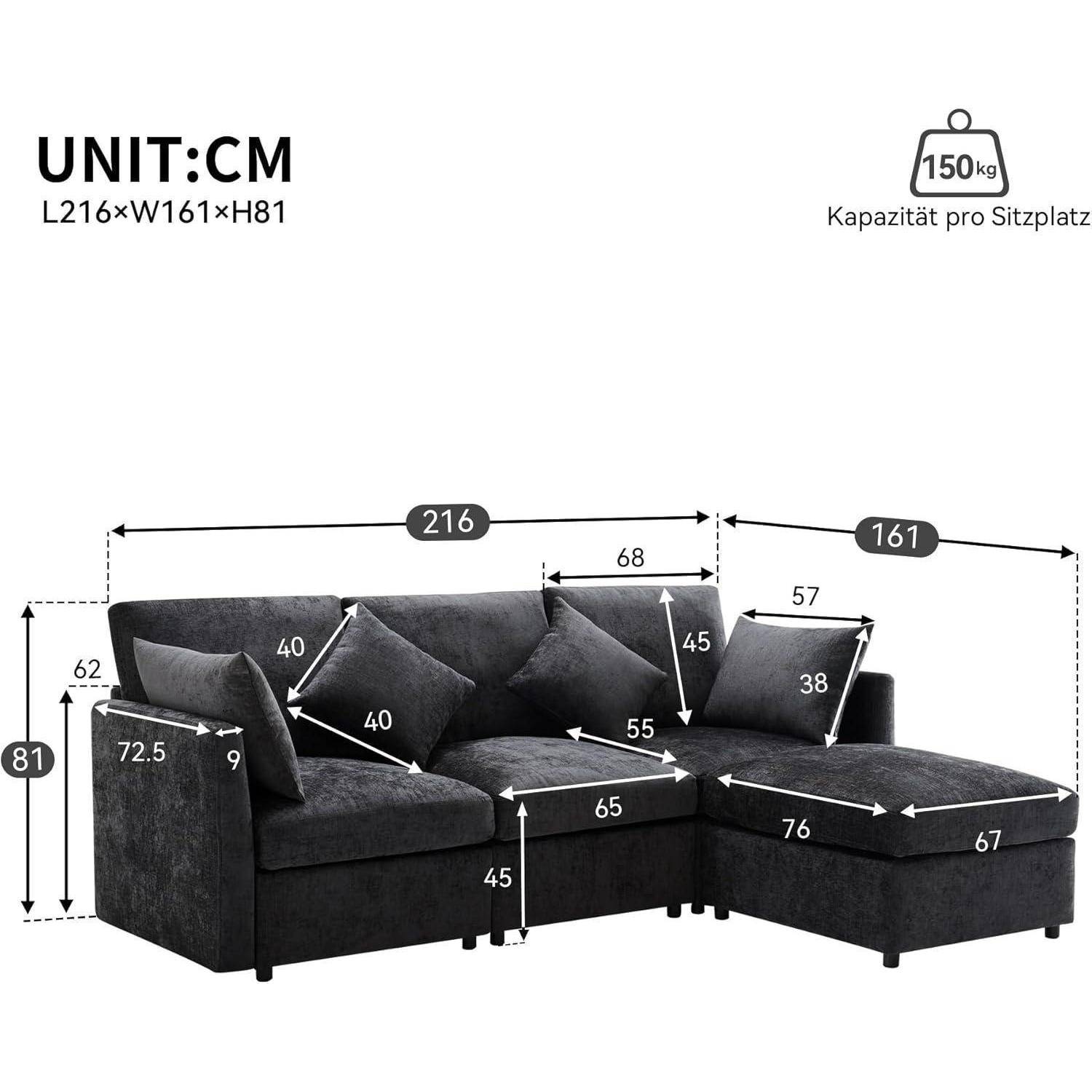 Graues L-förmiges Ecksofa mit Chaiselongue, dargestellt mit den Abmessungen 216 x 161 x 81 cm und einer Sitzkapazität von 150 kg.