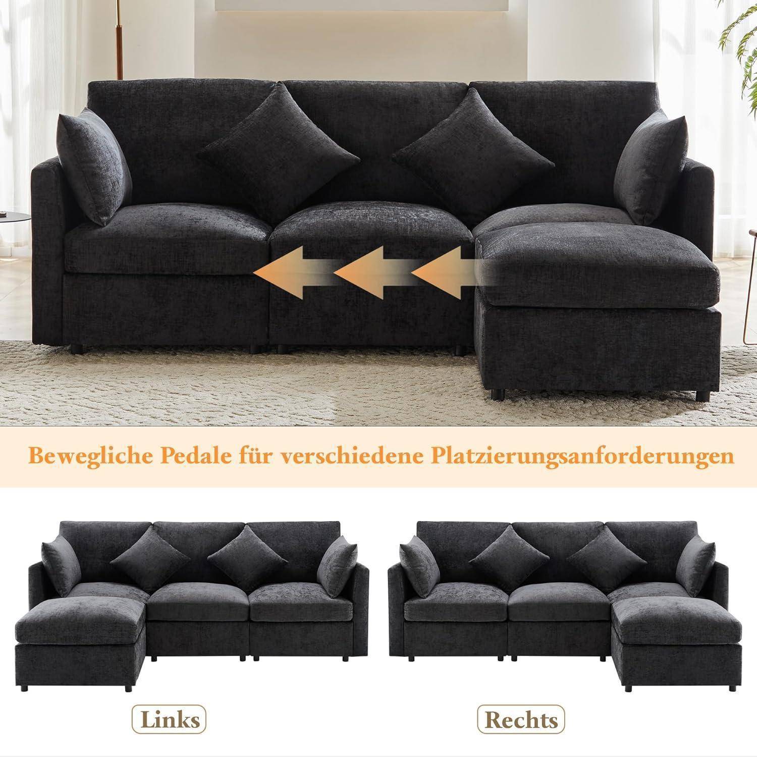 Ecksofa mit beweglichem Chaiselongue auf der linken oder rechten Seite, dargestellt mit Pfeilen und Etiketten „Links