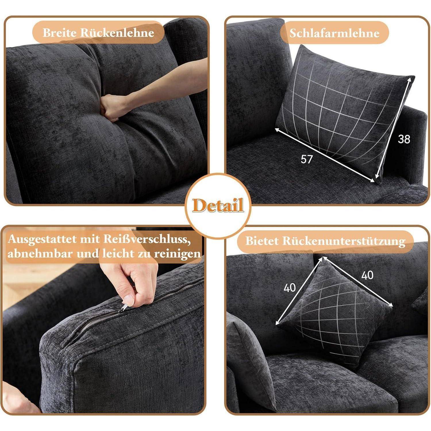 Vierpanel-Sofadetailbild zeigt breite Rückenlehne, Schlafkissengröße 57 x 38, abnehmbarer Reißverschlussbezug und Rückenstützkissengröße 40 x 40.