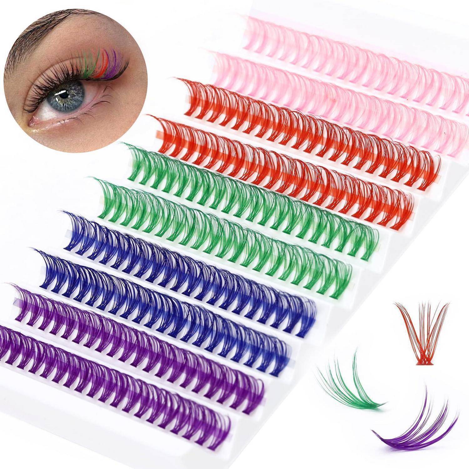 Farbenfrohe falsche Wimpernsets in Rosa, Rot, Grün, Blau und Violett, mit einer Nahaufnahme eines Auges, das regenbogenfarbene Wimpern trägt.