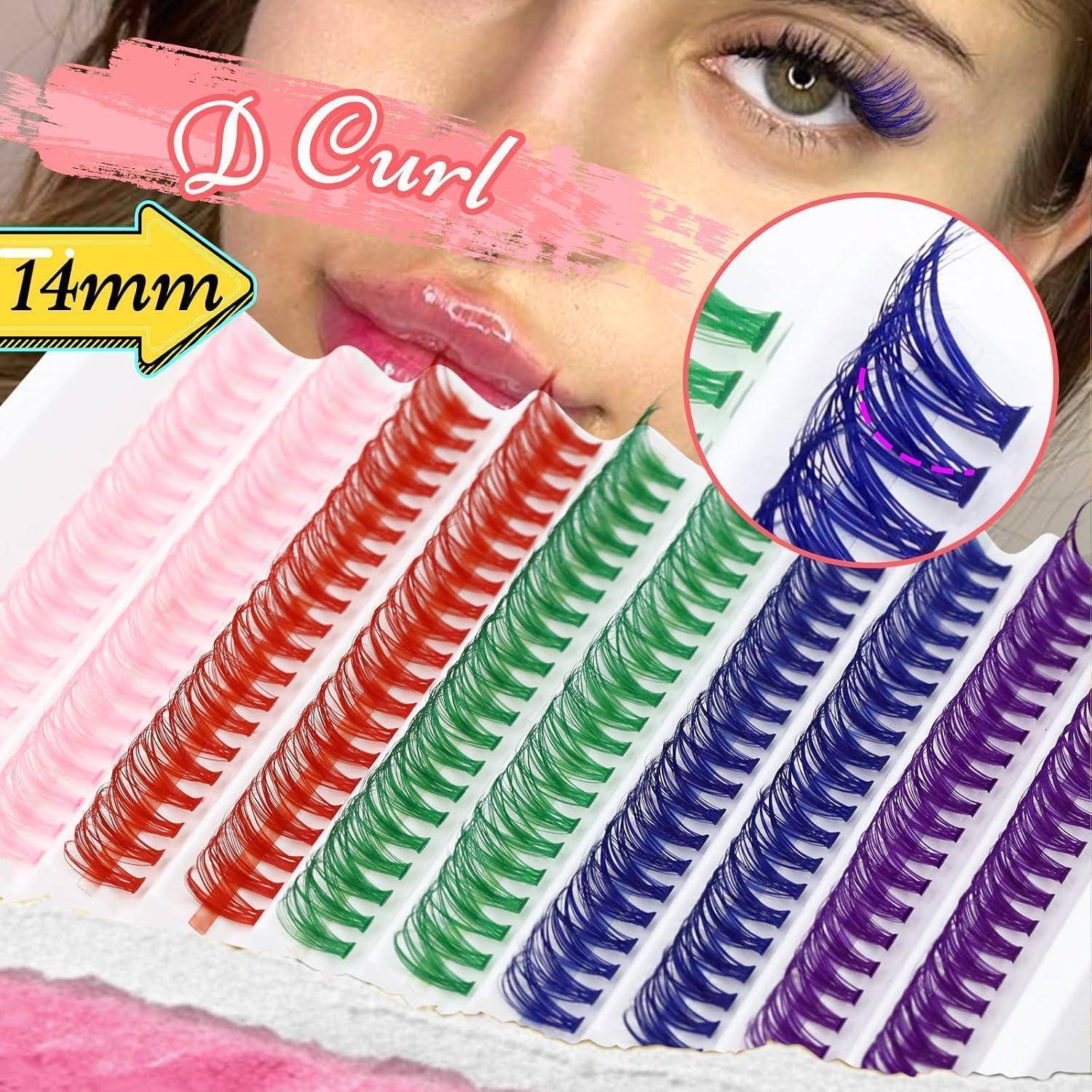 Werbebild für D Curl 14mm Wimpernverlängerungen aus Kunsthaar, das eine Frau mit dramatischen violetten Wimpern und mehreren Reihen von farbigen Wimpernbündeln zeigt.