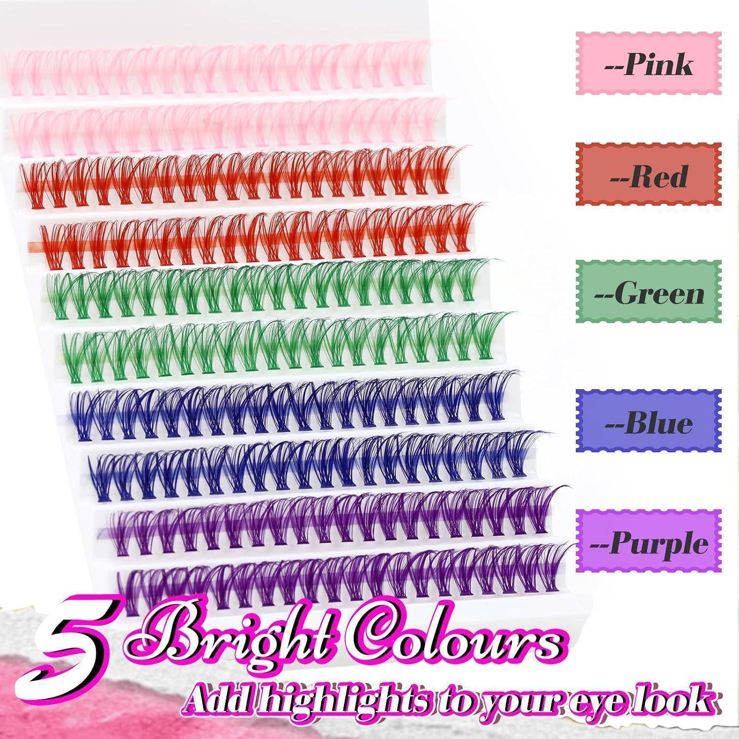 Farbmuster mit fünf leuchtenden Haarsträhnen-Optionen: Pink, Rot, Grün, Blau und Violett, mit dem Text „5 Bright Colours