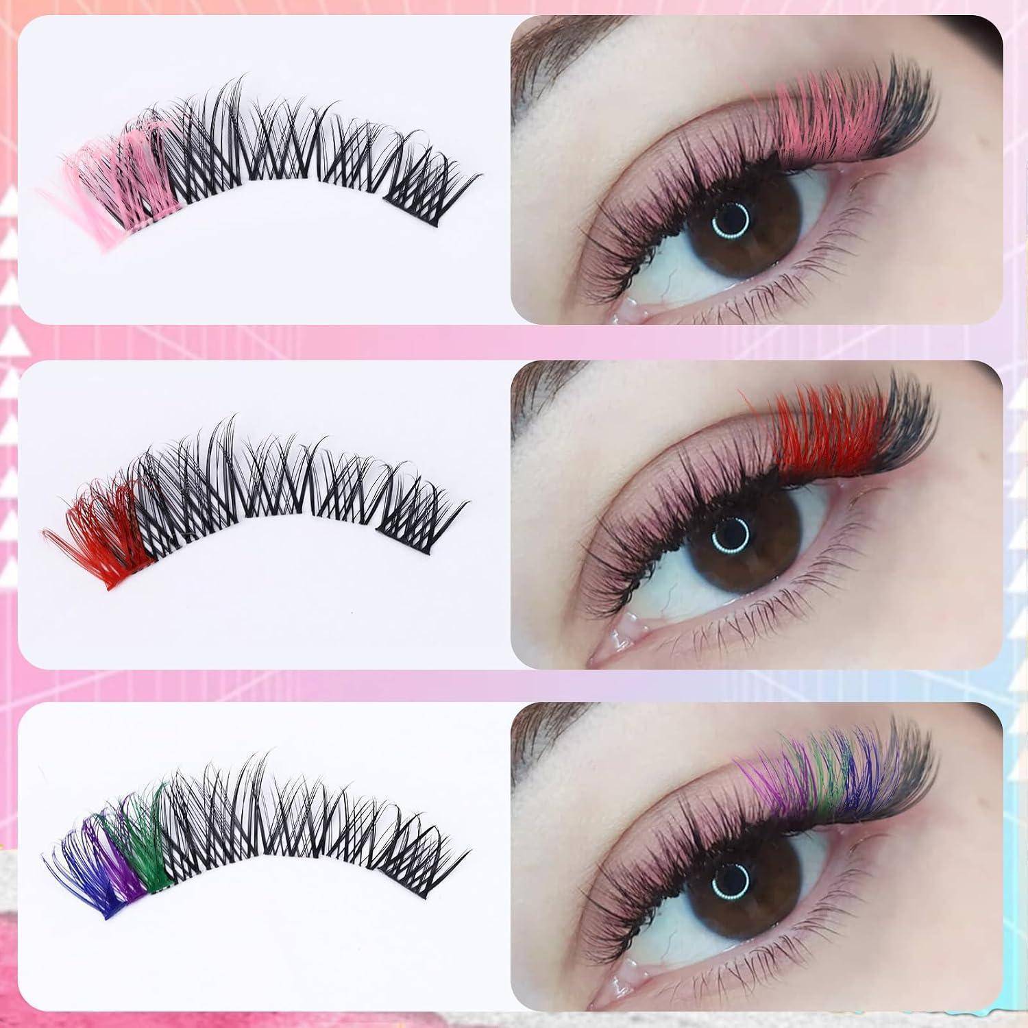 Drei Beispiele für künstliche Wimpern mit farbigen Spitzen, die neben Nahaufnahmen von Augen mit rosa, roten und mehrfarbigen Wimpern gezeigt werden.