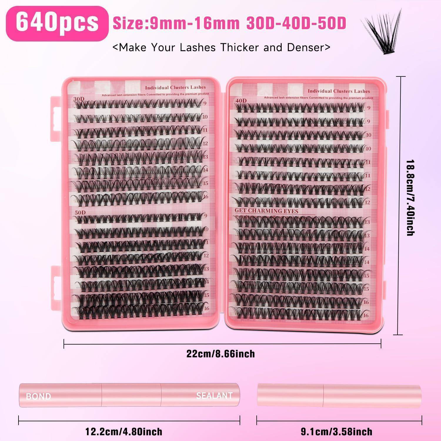 Pink Wimpernverlängerungs-Set mit 640 Teilen in zwei Koffern, gekennzeichnet mit 9mm-16mm 30D-40D-50D, plus Bond- und Versiegelungsröhrchen mit angezeigten Größen.