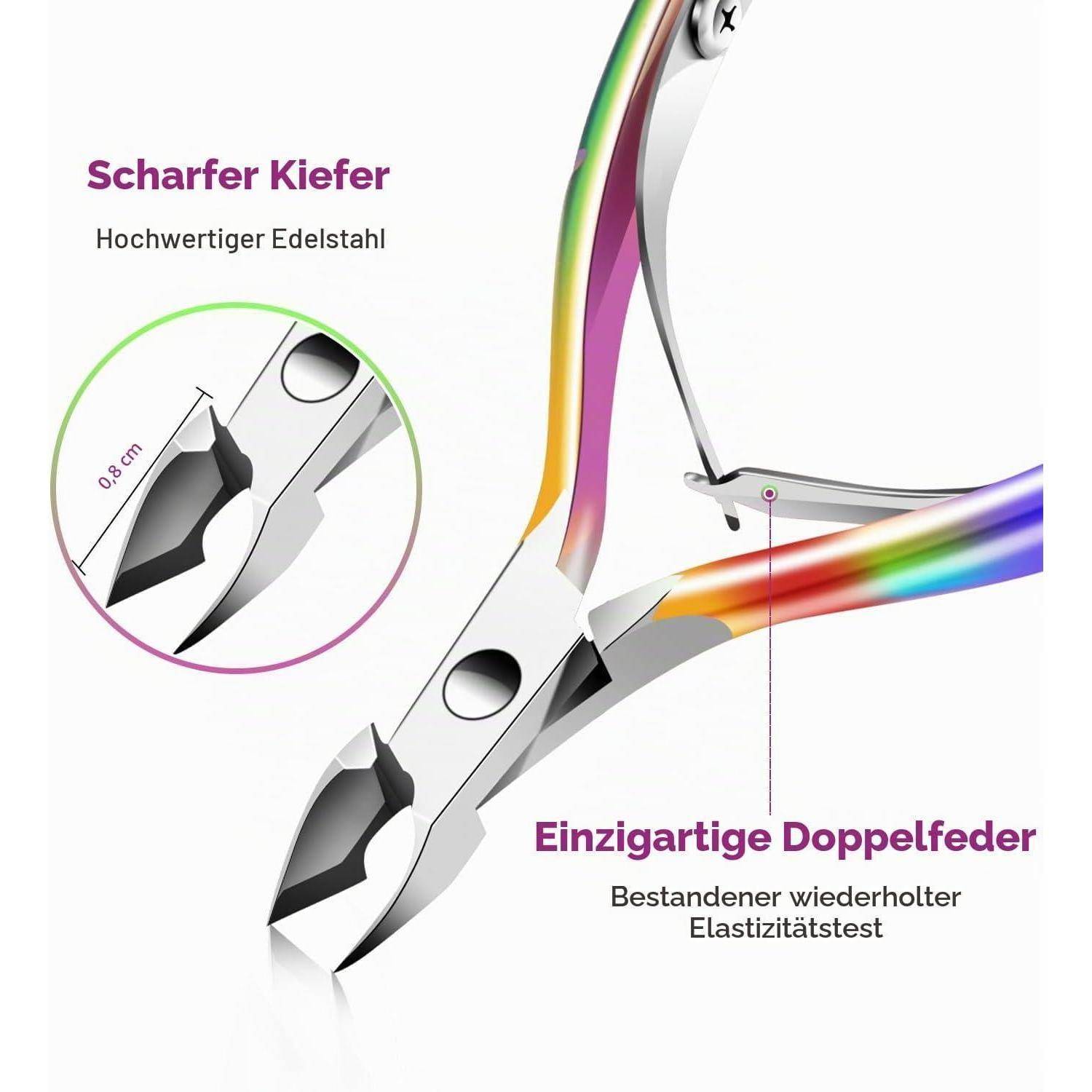 Anzeige für Scharfer Kiefer Edelstahl-Nagelknipser, zeigt eine Nahaufnahme der Knipserzange und eine einzigartige Doppelfeder, mit deutschem Text, der eine 0,8-cm-Schneidekante und wiederholte Elastizitätstests hervorhebt.