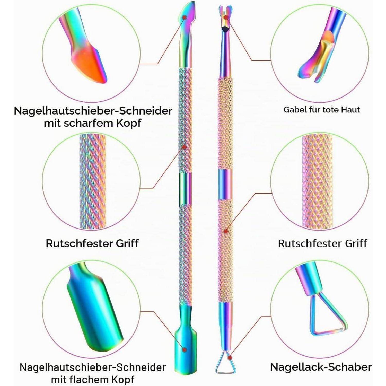 Illustration eines farbenfrohen doppelseitigen Nagelhautwerkzeugs mit deutschen Beschriftungen, das einen scharfen Nagelhautschieber, eine Hautfederngabel, einen rutschfesten Griff und einen Nagellackschaber zeigt.