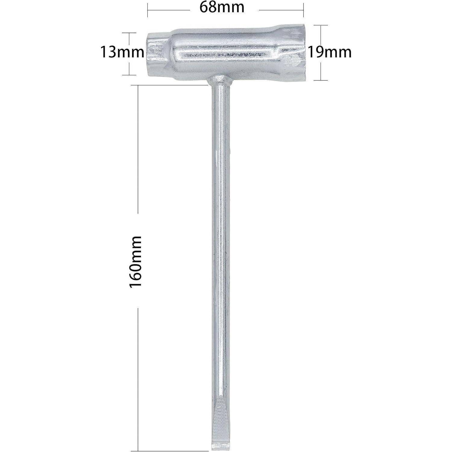 Silbernes T-förmiges Metallwerkzeug mit beschrifteten Abmessungen: 68 mm breit, 13 mm linkes Ende, 19 mm rechtes Ende und 160 mm langer Griff.