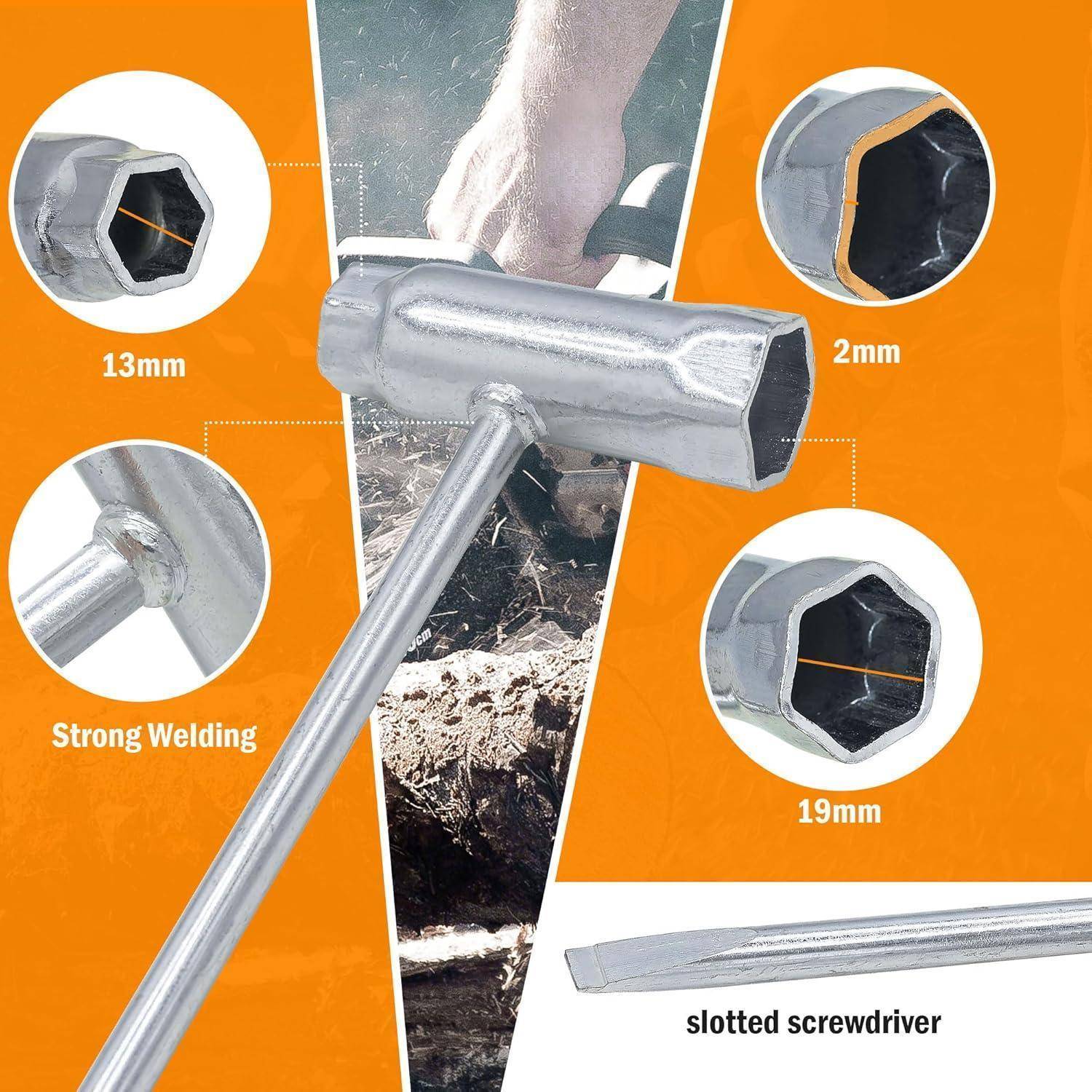 Werbegrafikeines Metallwerkzeugkopfes und -schafts mit Nahaufnahmen mit den Bezeichnungen 13 mm, 2 mm, 19 mm und „Starkes Schweißen