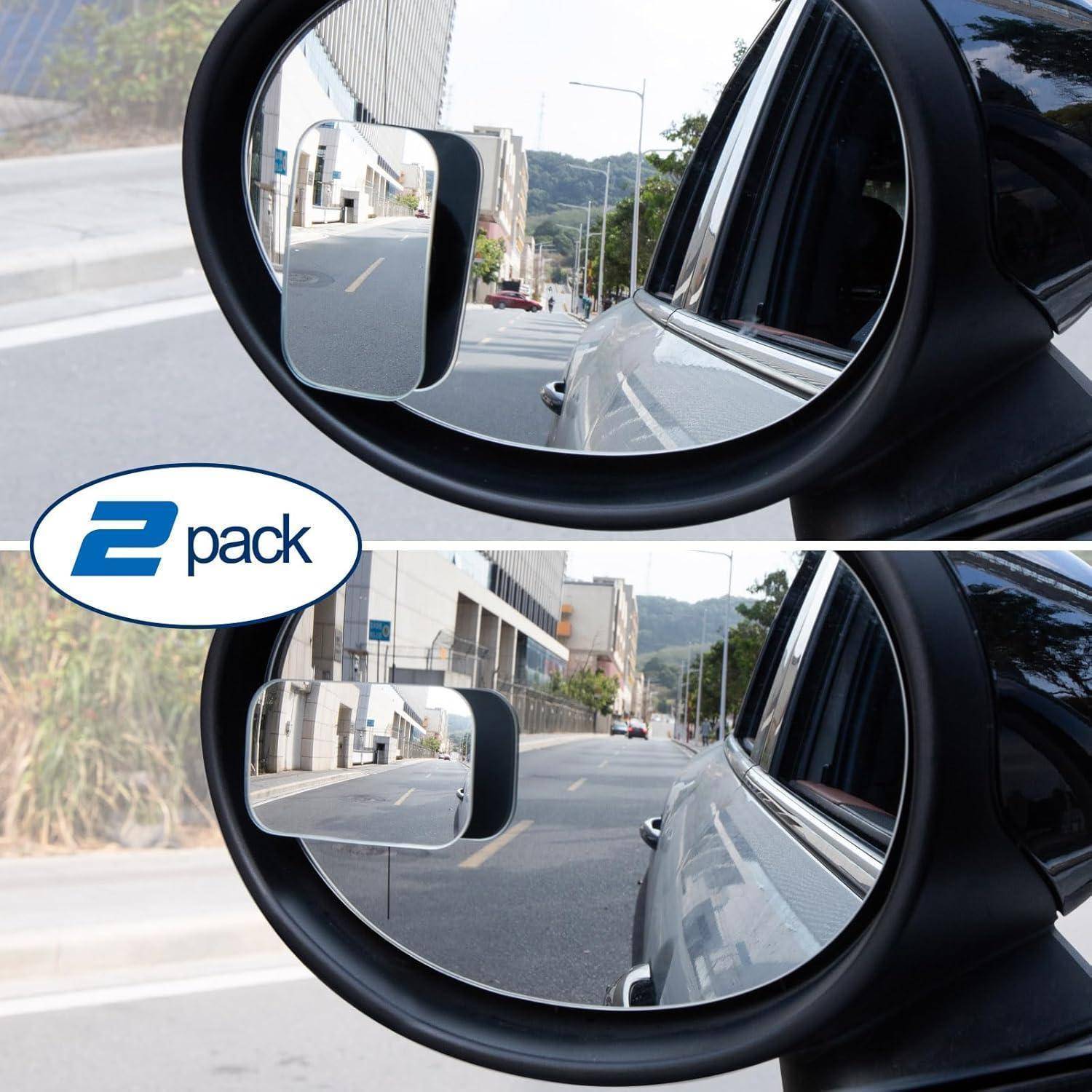 Vergleich des Autoseitenspiegels in zwei Feldern, das im oberen Bild einen größeren toten Winkel zeigt und im unteren Bild ein breiteres Rückwärtsblickfeld bietet, mit der Bezeichnung 