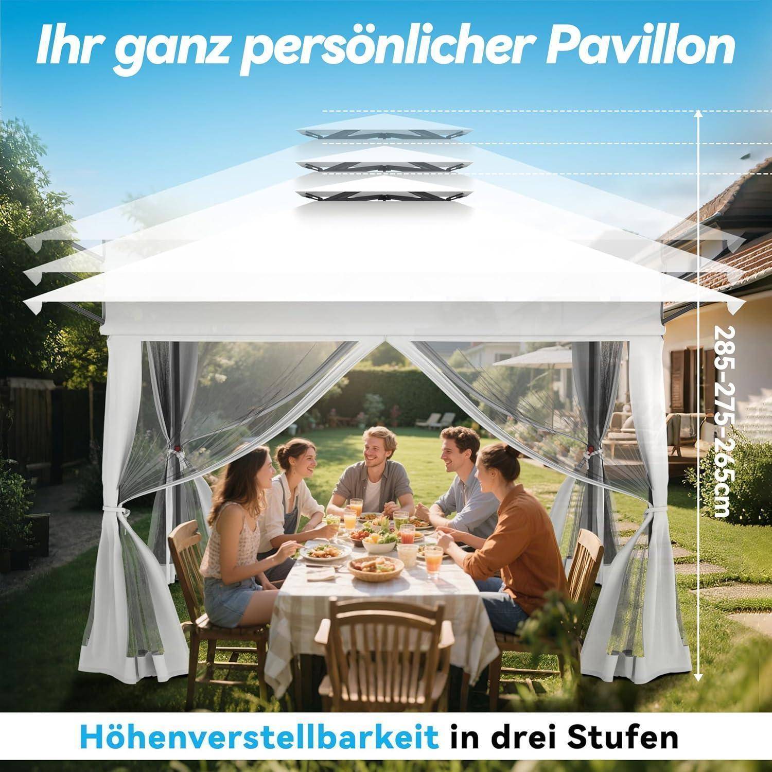 Werbebild eines weißen Gartenpavallons mit verstellbarer Höhe in drei Ebenen, dargestellt über einer Außenspielszene mit dem Text „Ihr ganz persönlicher Pavillon