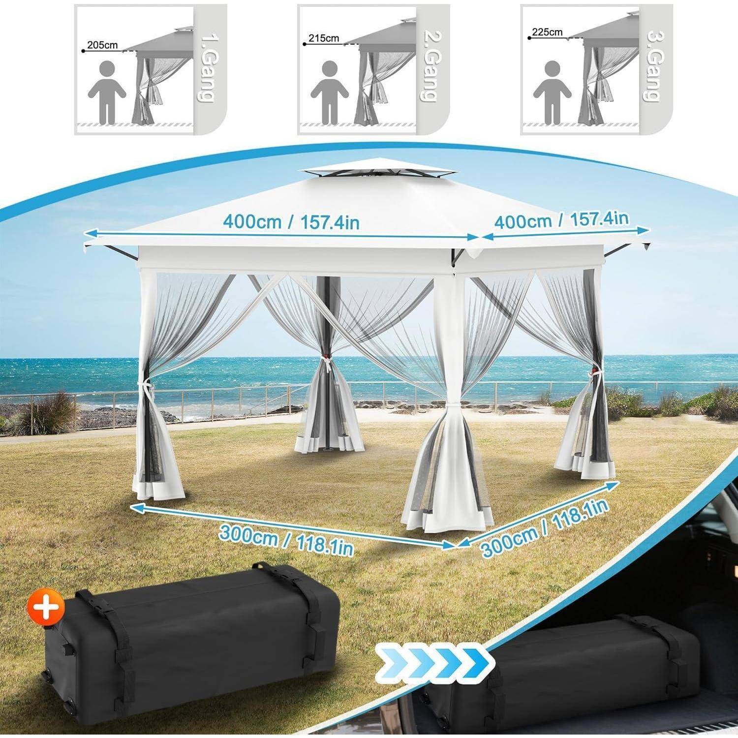 Illustrierter Terrassenpavillon mit Baldachin und Vorhängen, zeigt Größe von 4 m x 3 m, drei Höheneinstellungen, Strandaufbau und enthaltene Tragetasche.