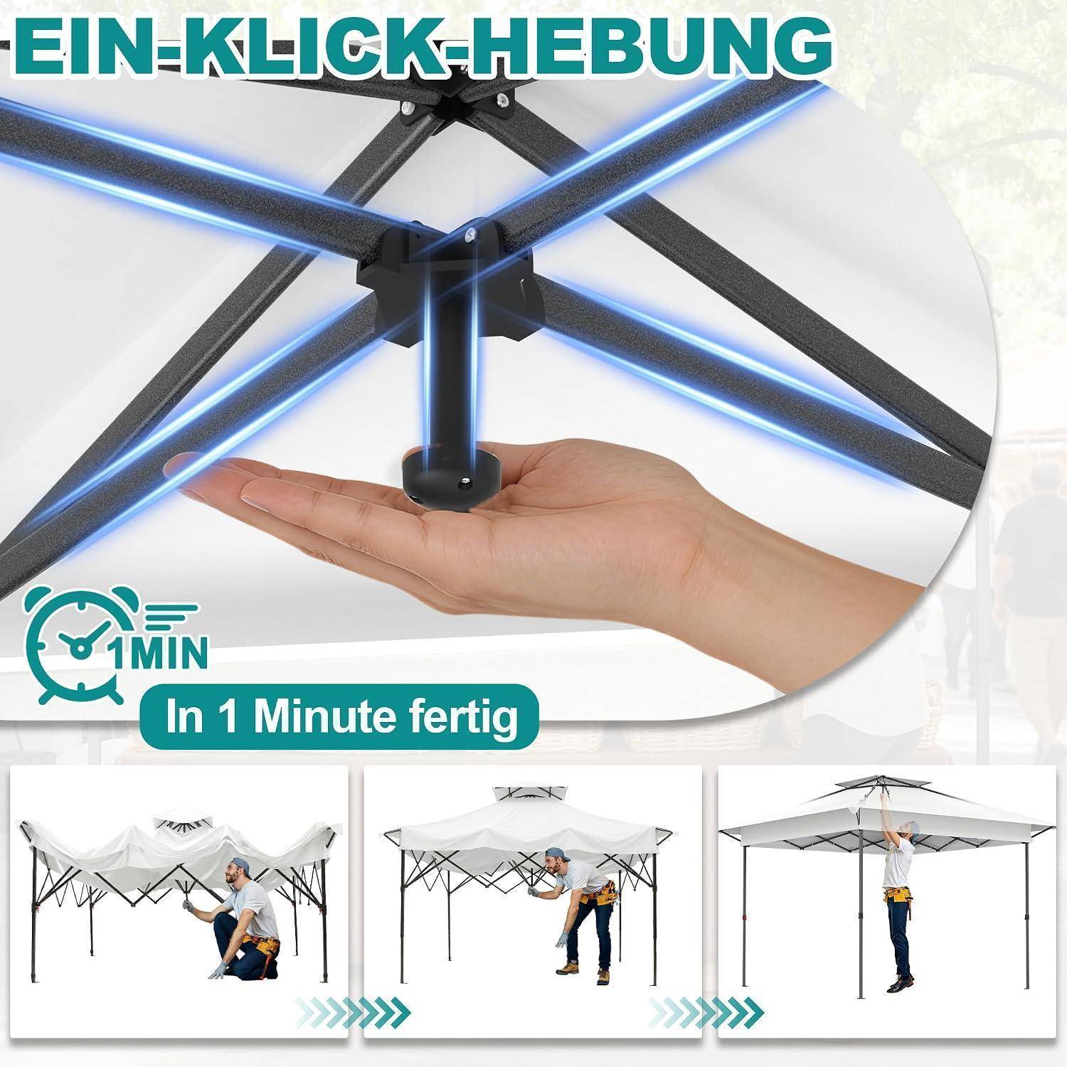 Pop-up-Baldachingerippe mit „EIN-KLICK-HEBUNG" und „In 1 Minute fertig"" dargestellt, was eine Einschritt-Einrichtung in etwa einer Minute veranschaulicht.