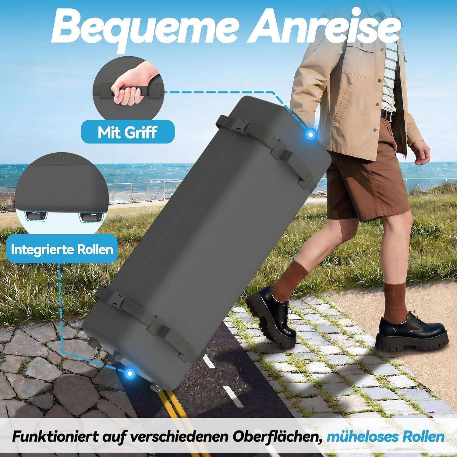 Anzeige für einen Rollkoffer mit Griff, der müheloses Rollen auf verschiedenen Oberflächen zeigt und den Text 