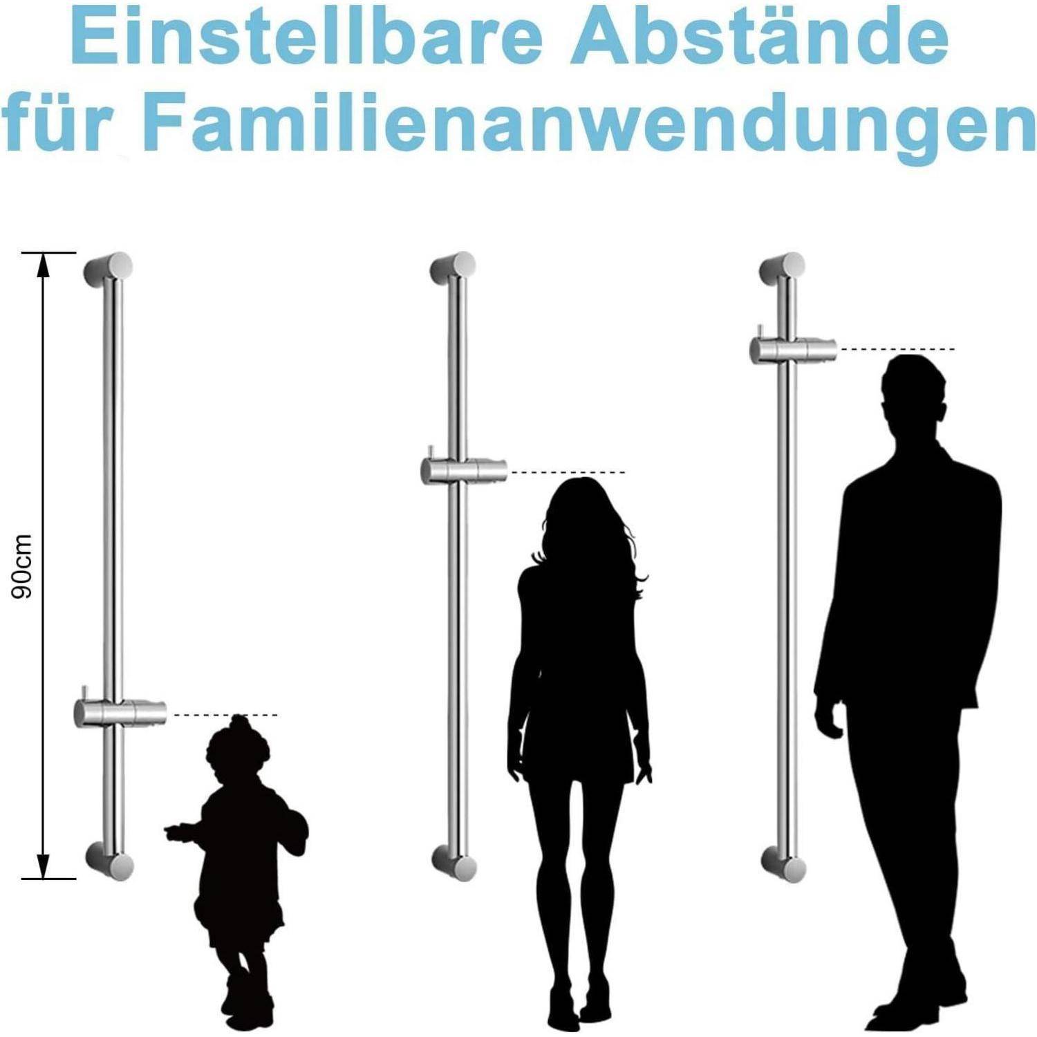 Diagramm, das einstellbare Abstände für die Familiennutzung zeigt, mit einem vertikalen Bereich von 90 cm und drei Silhouetten eines Kindes, einer Frau und eines Mannes, die auf verschiedene Höhen an einem Pfosten ausgerichtet sind.