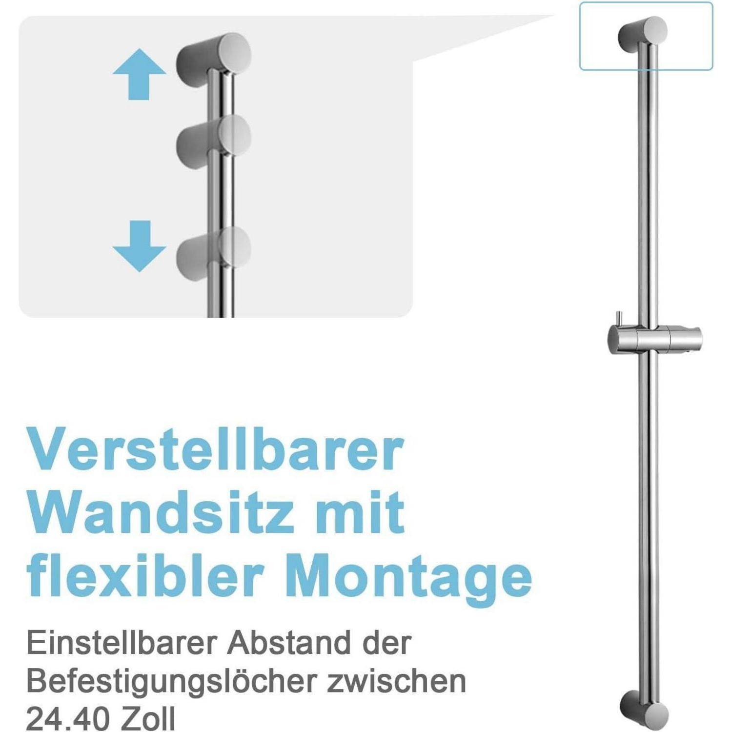 Produktgrafik einer verstellbaren Dusch-Wandstange mit flexibler Befestigung; der deutsche Text besagt, dass die Befestigungslöcher von 24,4 bis 40 cm verstellbar sind.