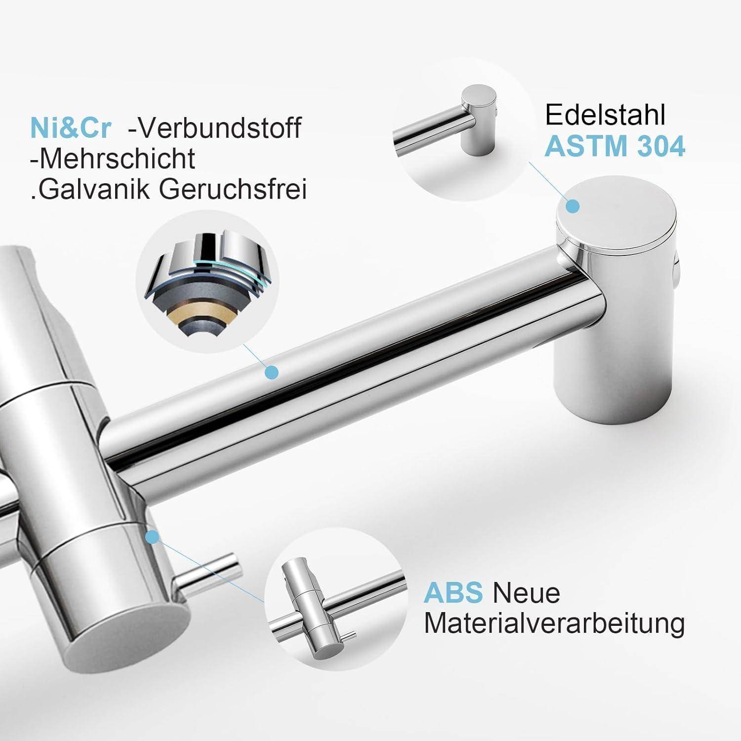 Produktdiagramm eines Chromarmaturen-Arms mit Beschriftungen, die die Ni&Cr-Mehrschichtstruktur, rostfreien Stahl ASTM 304 und die ABS-Neuformverarbeitung hervorheben.