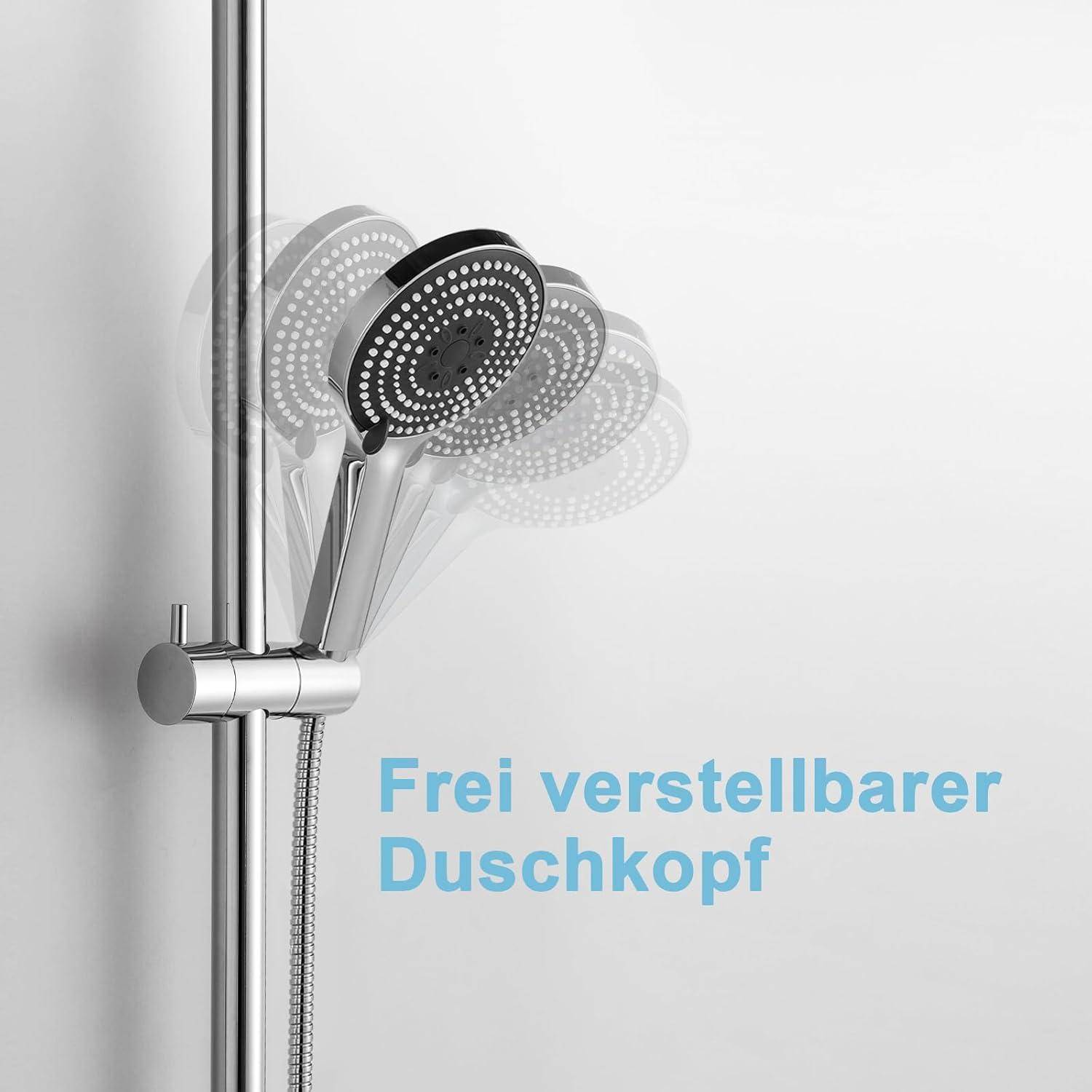 Verstellbarer Duschkopf auf einer verchromten Duschstange mit dem Text 