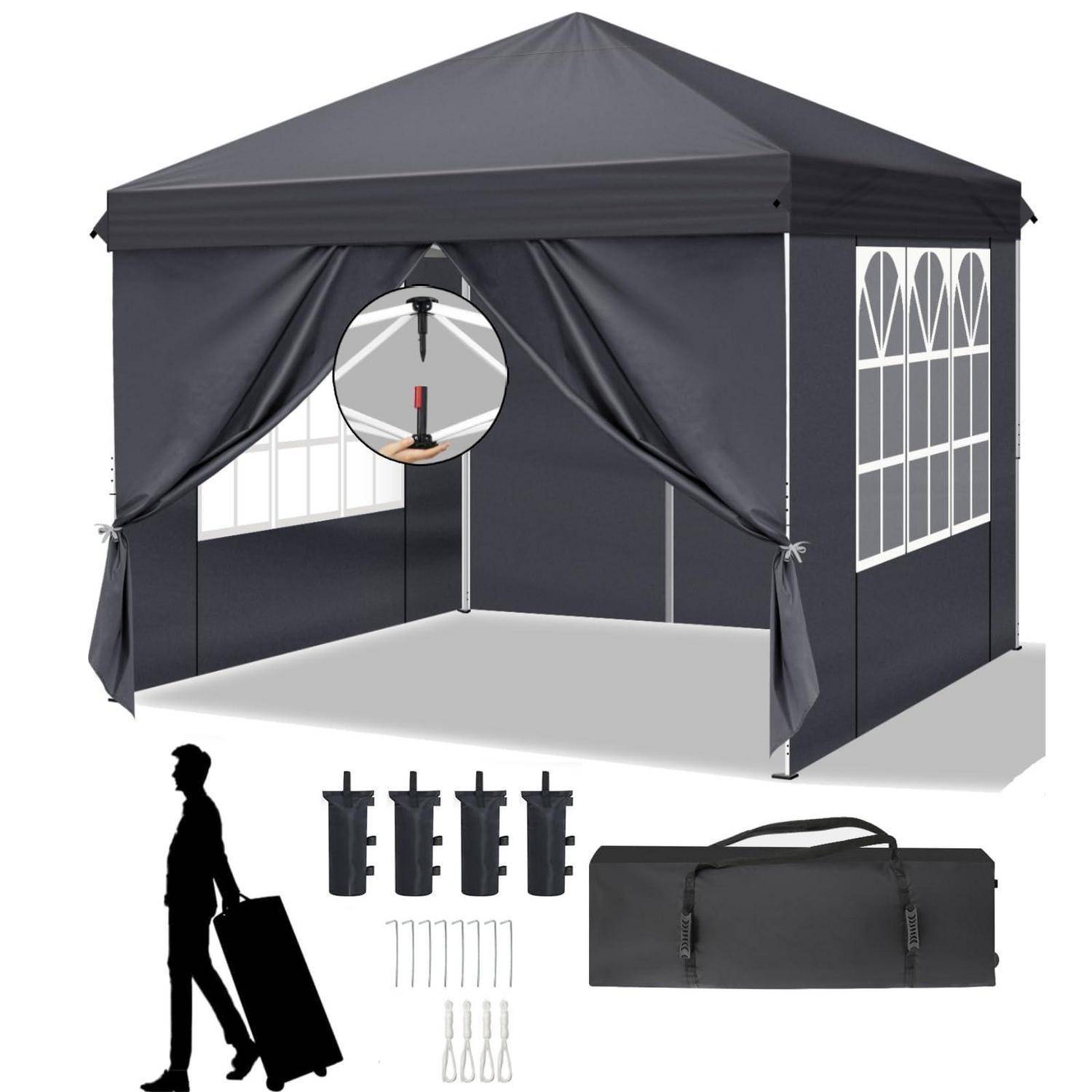 Dunkelgraues Pop-up-Baldachindach mit Seitengardinen, teilweise zusammengebaut dargestellt, mit beiliegenden Heringen, Spannseilen und Tragetasche; eine Personensilhouette zeigt die Tragbarkeit an.