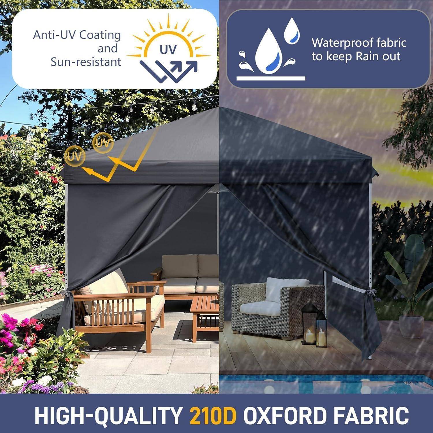 Split-View-Anzeige eines dunkelgrauen Außenpavillons mit Markise, die UV-beständiges, sonnenresistentes und wasserfestes 210D-Oxford-Gewebe zeigt, mit Terrassenmöbeln darunter.