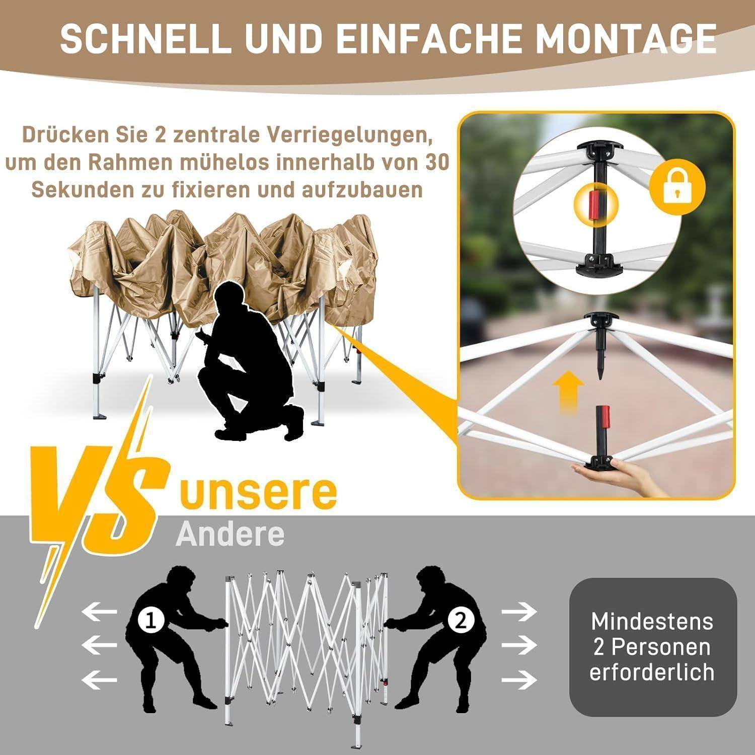 LEADZM Pavillon 3x3 m,Pop-Up Faltpavillon One-Touch, Metallrahmen,Wasserdicht UV-Schutz 50+ Stabil, Höhenverstellbar,Gartenzelt Partyzelt mit
