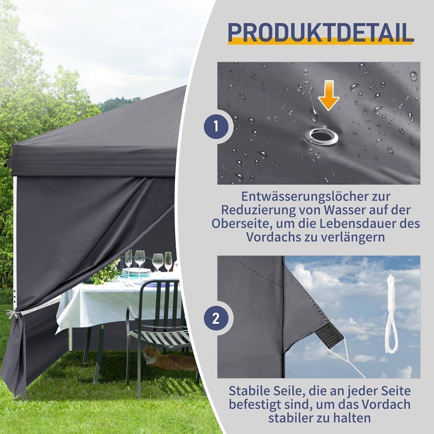 Produktdetail-Grafik, die ein Vordach mit 1 Entwässerungsloch zur Reduzierung von Wasserstau und 2 stabilen Seitenseilen zur Sicherung des Markisenstoffs zeigt.