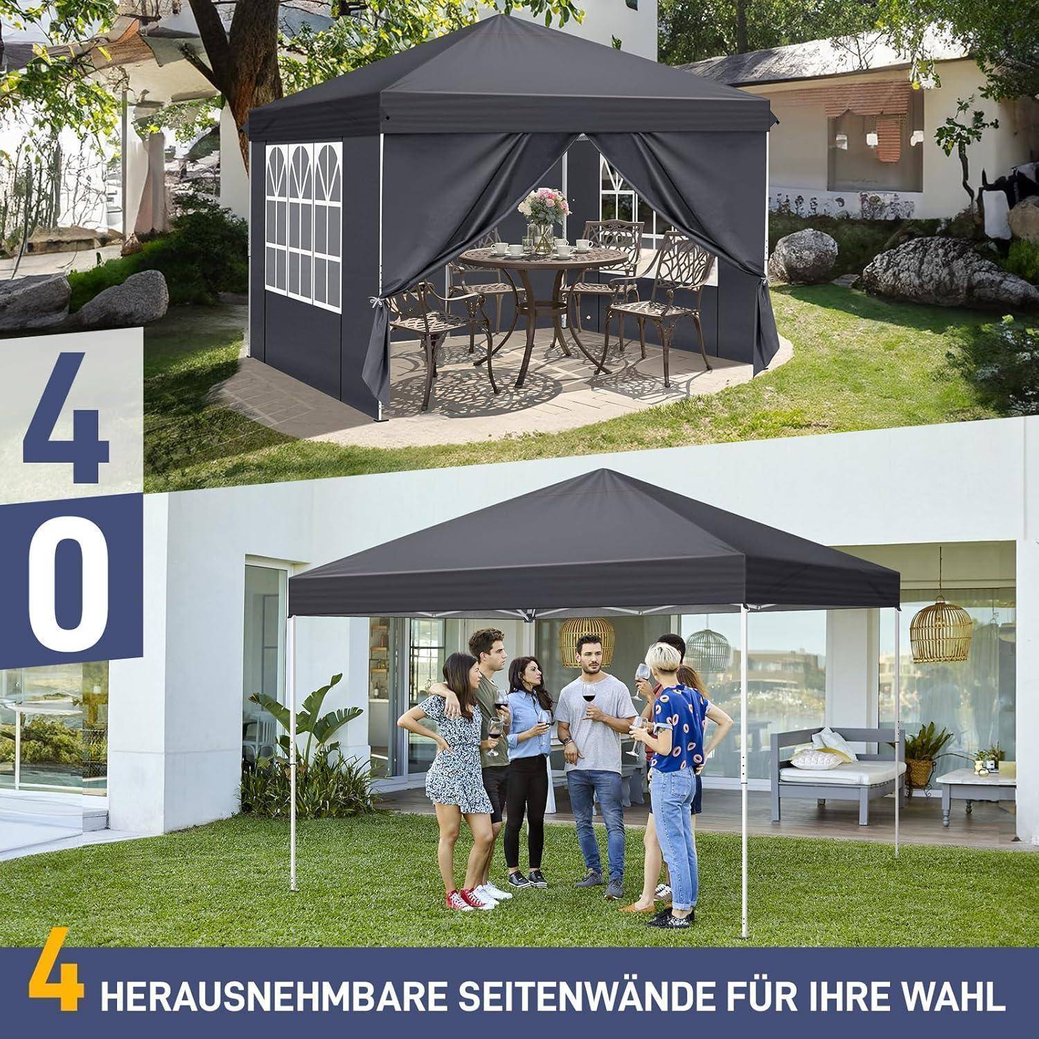 Werbebild eines schwarzen Pop-up-Pavillons mit vier abnehmbaren Seitenwänden, gezeigt in zwei Außennutzungen: ein begehbarer Terrassenschutz und ein Partyzelt mit Menschen darunter.