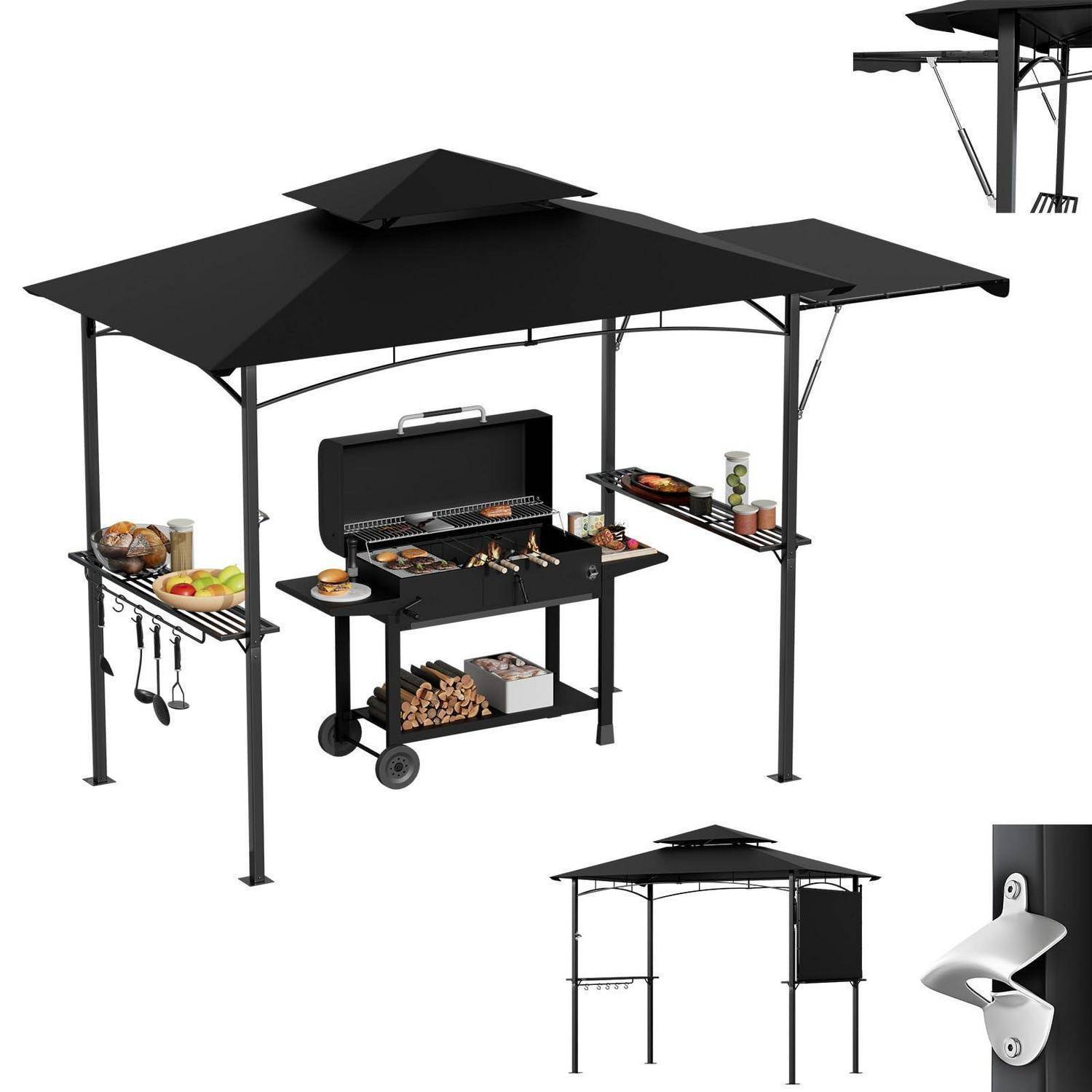Schwarze Grilllaube für den Außenbereich mit Dach, Seitenregalen, Haken und integriertem Grillwagen, gezeigt mit Lebensmitteln und Grillwerkzeugen.