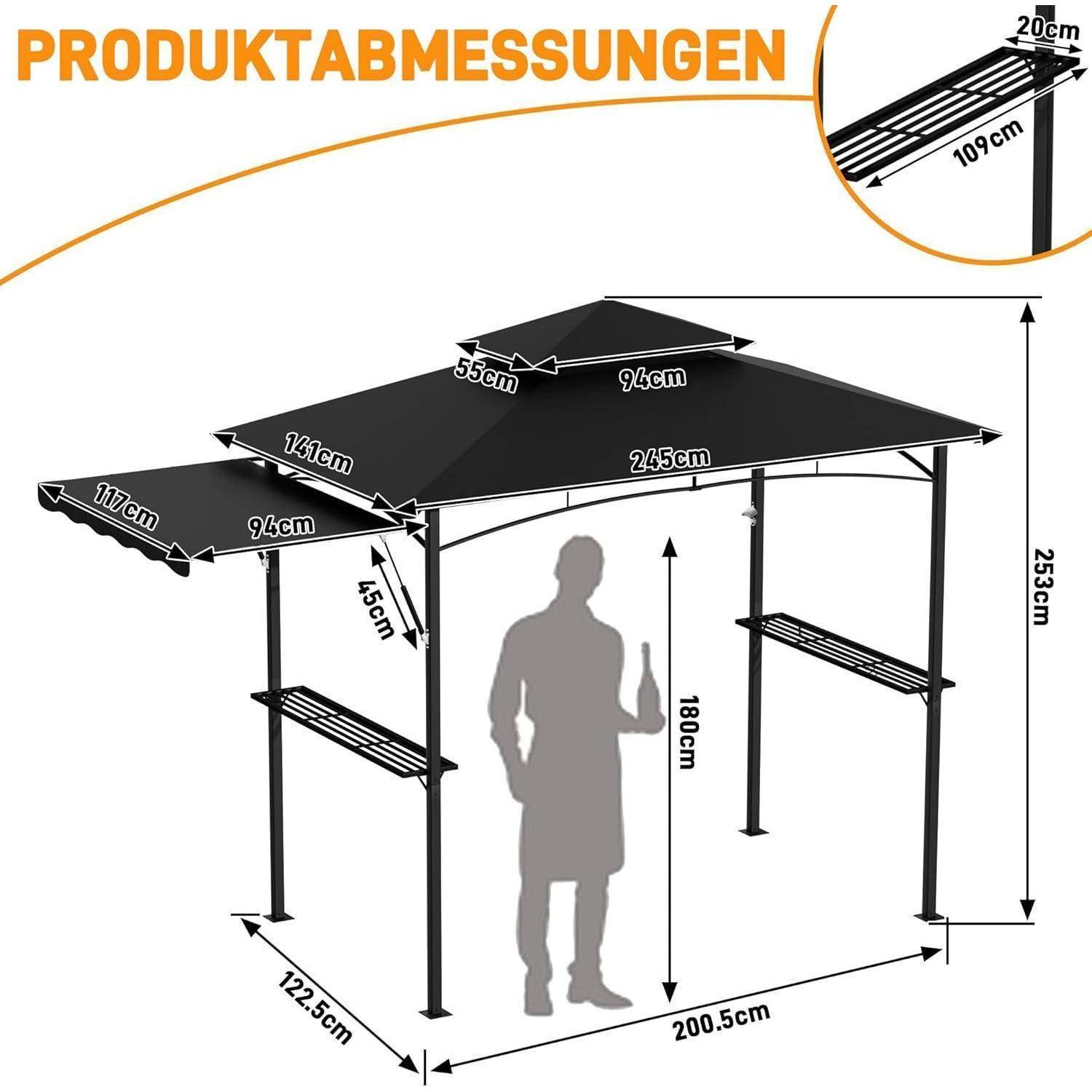 Maßstabzeichnung eines schwarzen Patio-Sonnendachs/Carports mit Gesamtabmessungen von 245 cm x 200,5 cm x 253 cm und einer Durchfahrtshöhe von 180 cm, mit beschrifteten Dach- und Pfostenmessungen.
