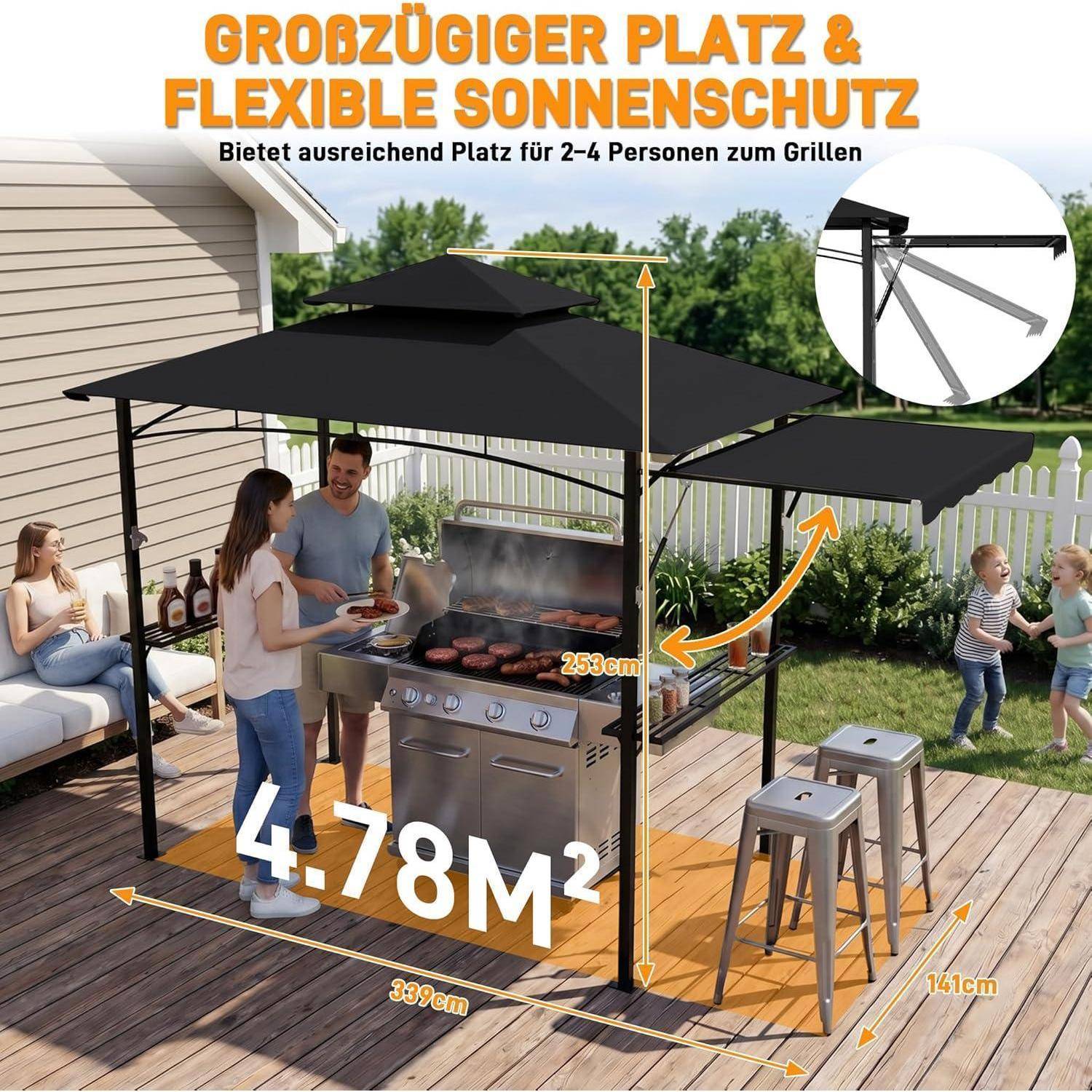 Outdoor-Grillpavillon mit verstellbarem Sonnenschutz, der einen Grillbereich für 2–4 Personen abdeckt; Abmessungen 4,78 m², 339 cm x 141 cm, 253 cm hoch.