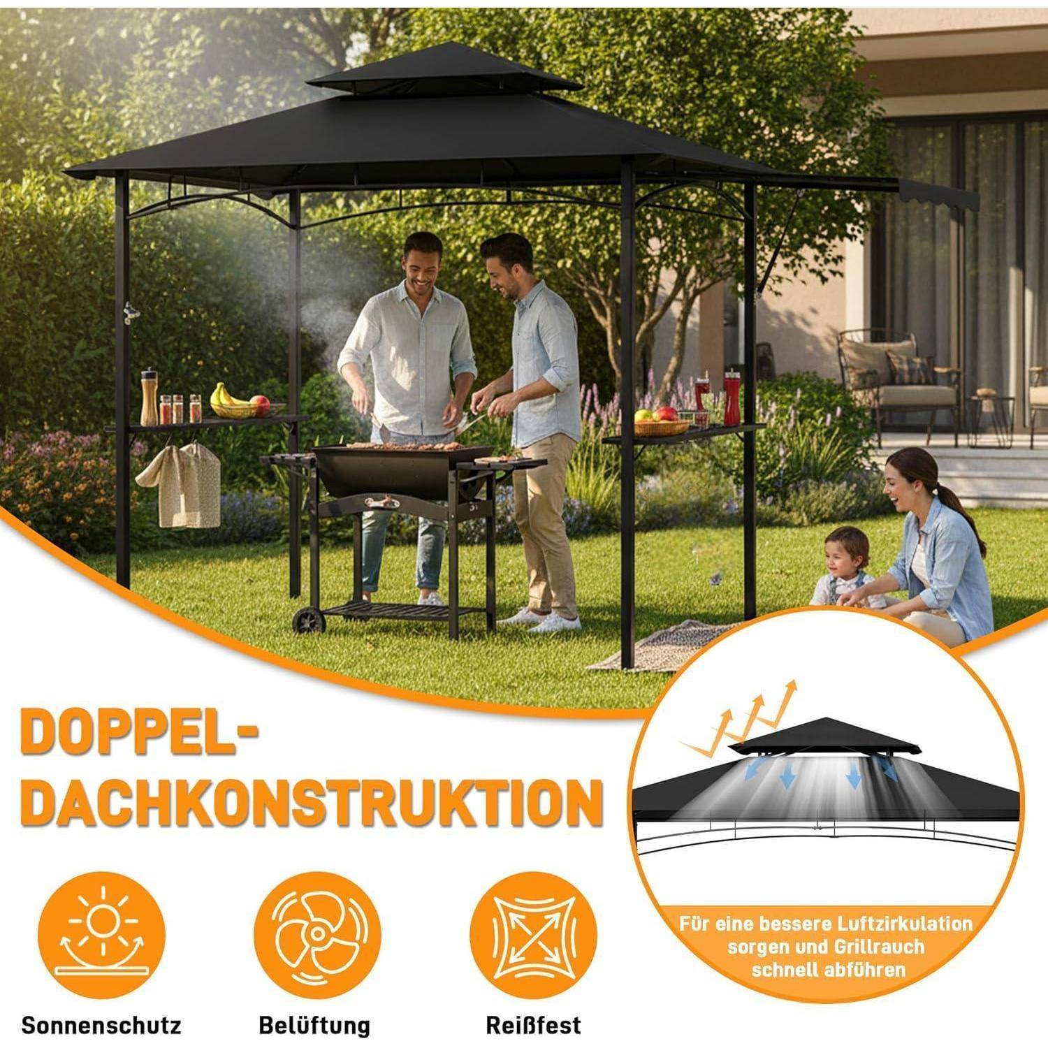 Outdoor-Pavillon mit doppeltem Dach-Baldachin zum Sonnenschutz, zur Belüftung und zur Reißfestigkeit, gezeigt in einem Hinterhof mit Personen, die grillen und sich entspannen.