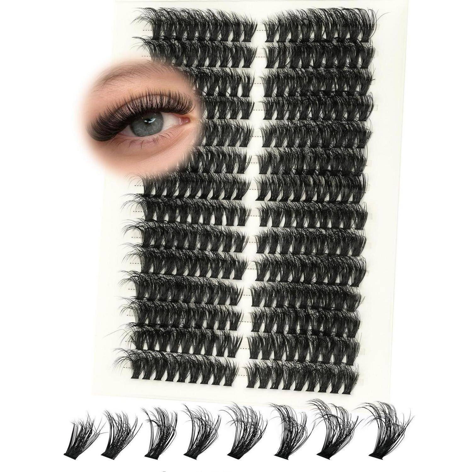 Falsche Wimpernstreifen-Display mit einer Nahaufnahme des Auges mit angebrachten Wimpern und mehreren Wimpernbündeln, die auf einer weißen Karte angeordnet sind.
