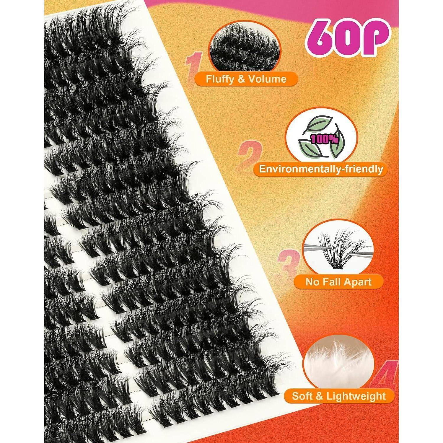 Produktbild eines 60er-Sets für falsche Wimpern mit fluffigem Volumen, umweltfreundlichem Material, bruchsicherem Design und weichen, leichten Fasern.
