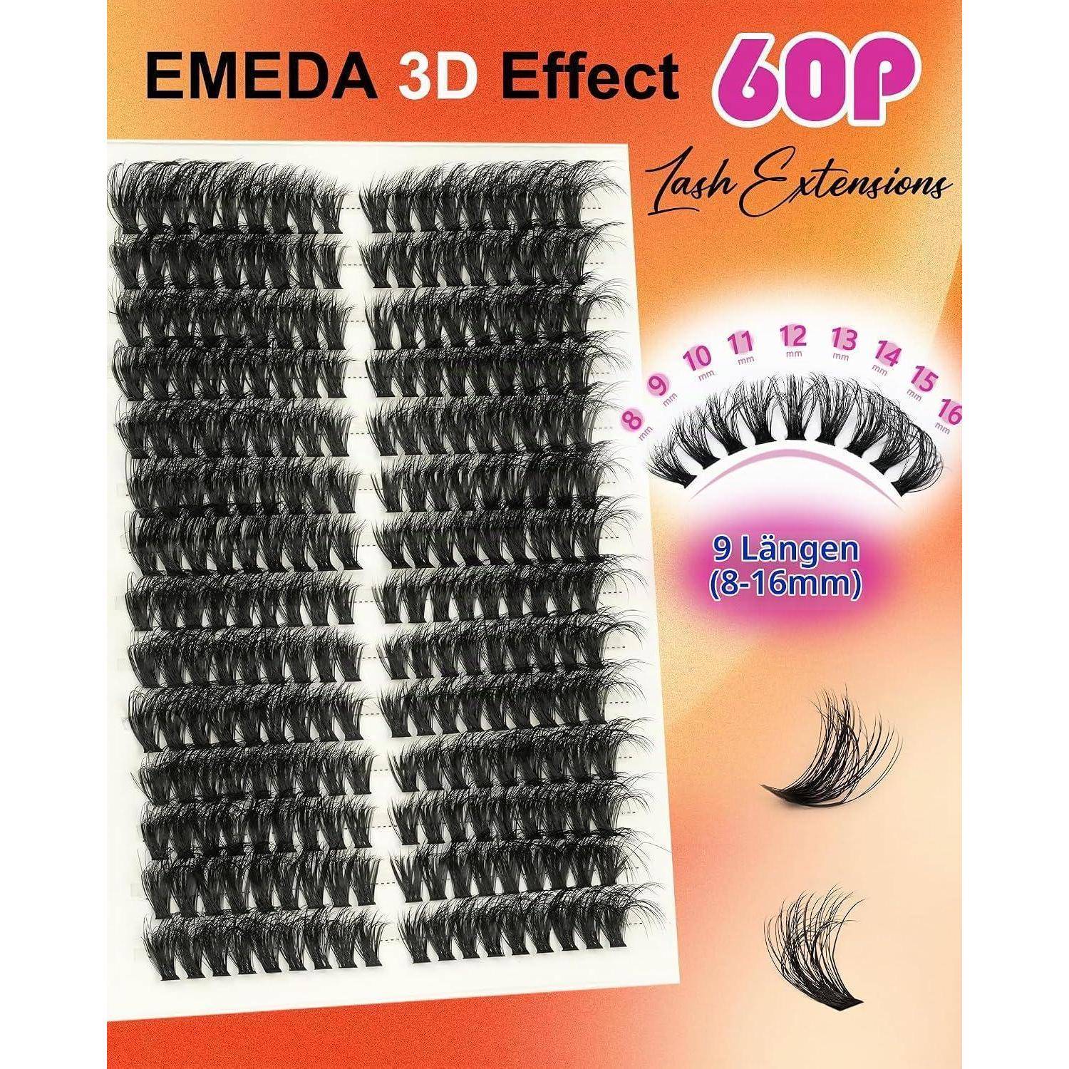 Produktverpackung für EMEDA 3D Effect 60P Wimpernverlängerungen, die mehrere künstliche Wimpernstreifen und eine Längenskala von 8-16 mm zeigt.
