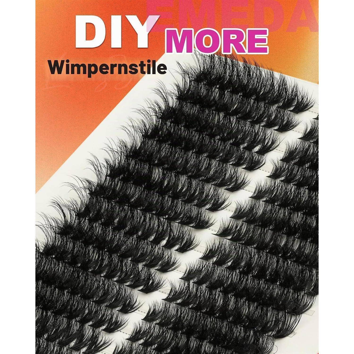Magazin-Titelseite, die DIY-Wimpernverlängerung bewirbt und eine Nahaufnahme von Wimpernstreifen mit falschen Wimpern zeigt. Der Titel lautet „Wimpernstile