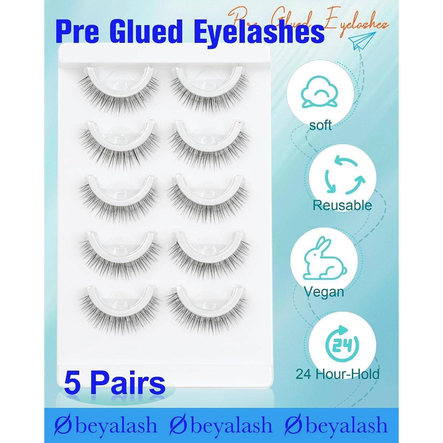 Produktbild von vorgeleimten künstlichen Wimpern, das 5 Paare auf einem Tablett zeigt und Funktionssymbole für weich, wiederverwendbar, vegan und 24-Stunden-Halt aufweist.