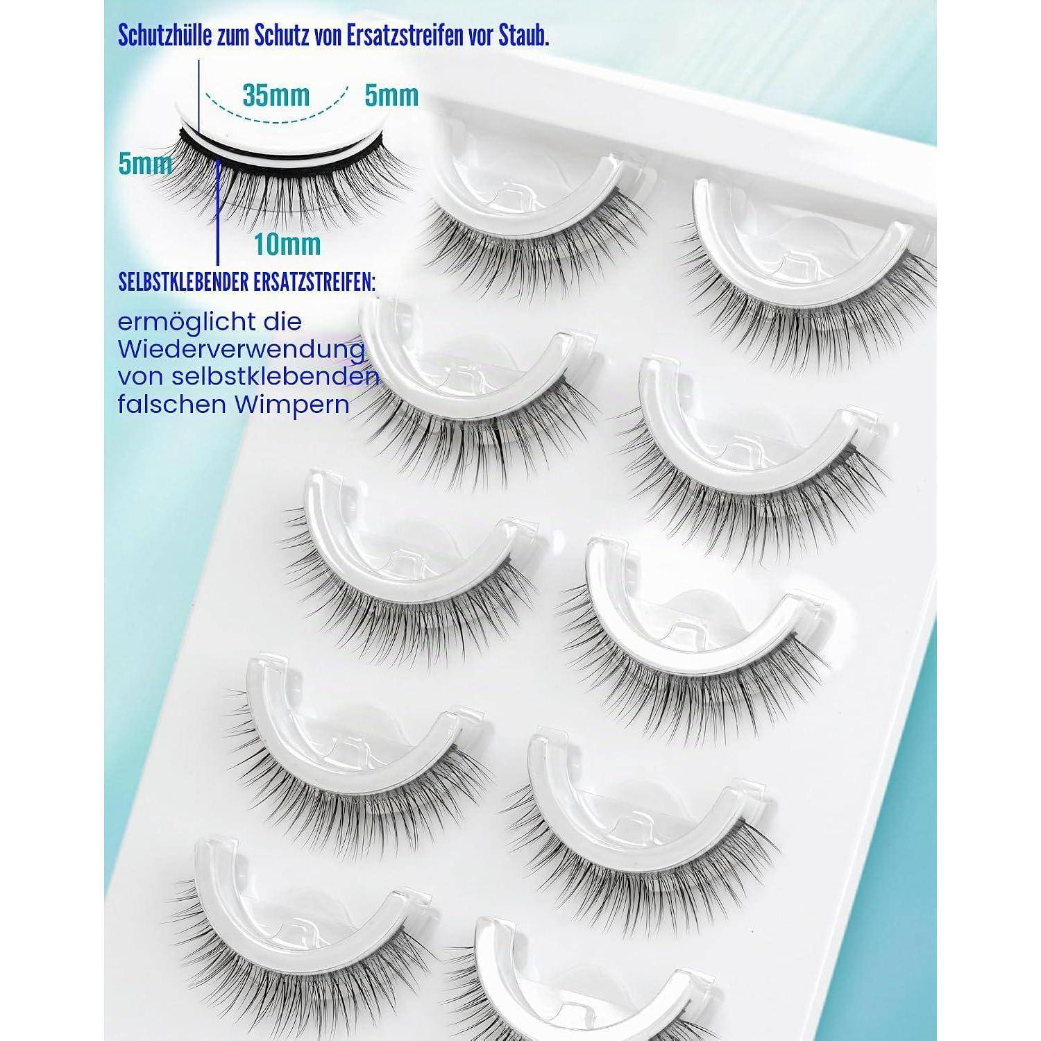 Werbung für wiederverwendbare selbstklebende künstliche Wimpern auf durchsichtigen Schutzstreifen, beschriftet mit „35mm