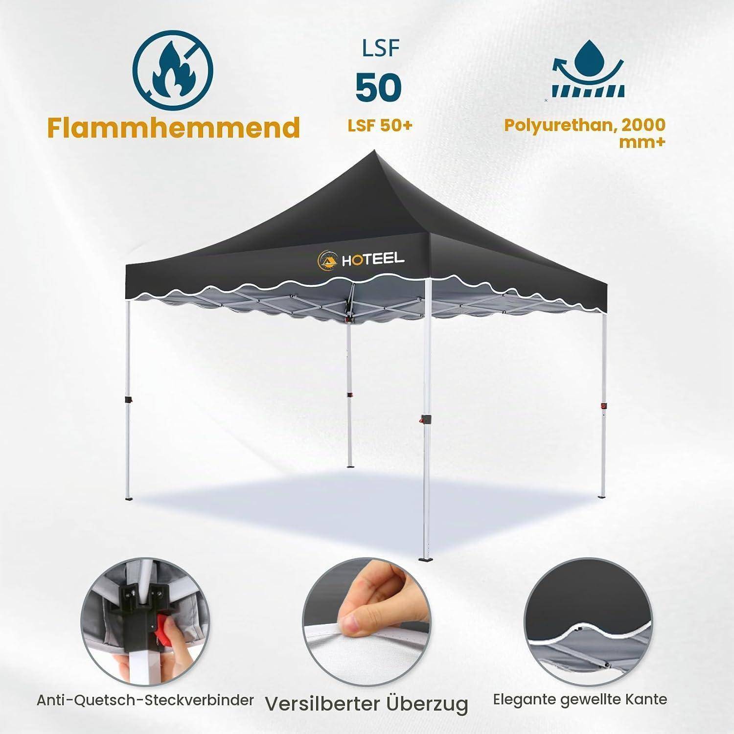 Schwarzes HOTEEL Pop-Up Pavillon-Zelt mit vier Beinen, gekennzeichnet als flammhemmend, LSF 50+, UV 2000 mm+, und mit Anti-Quetsch-Verbindern, Silberbeschichtung und gewelltem Rand.