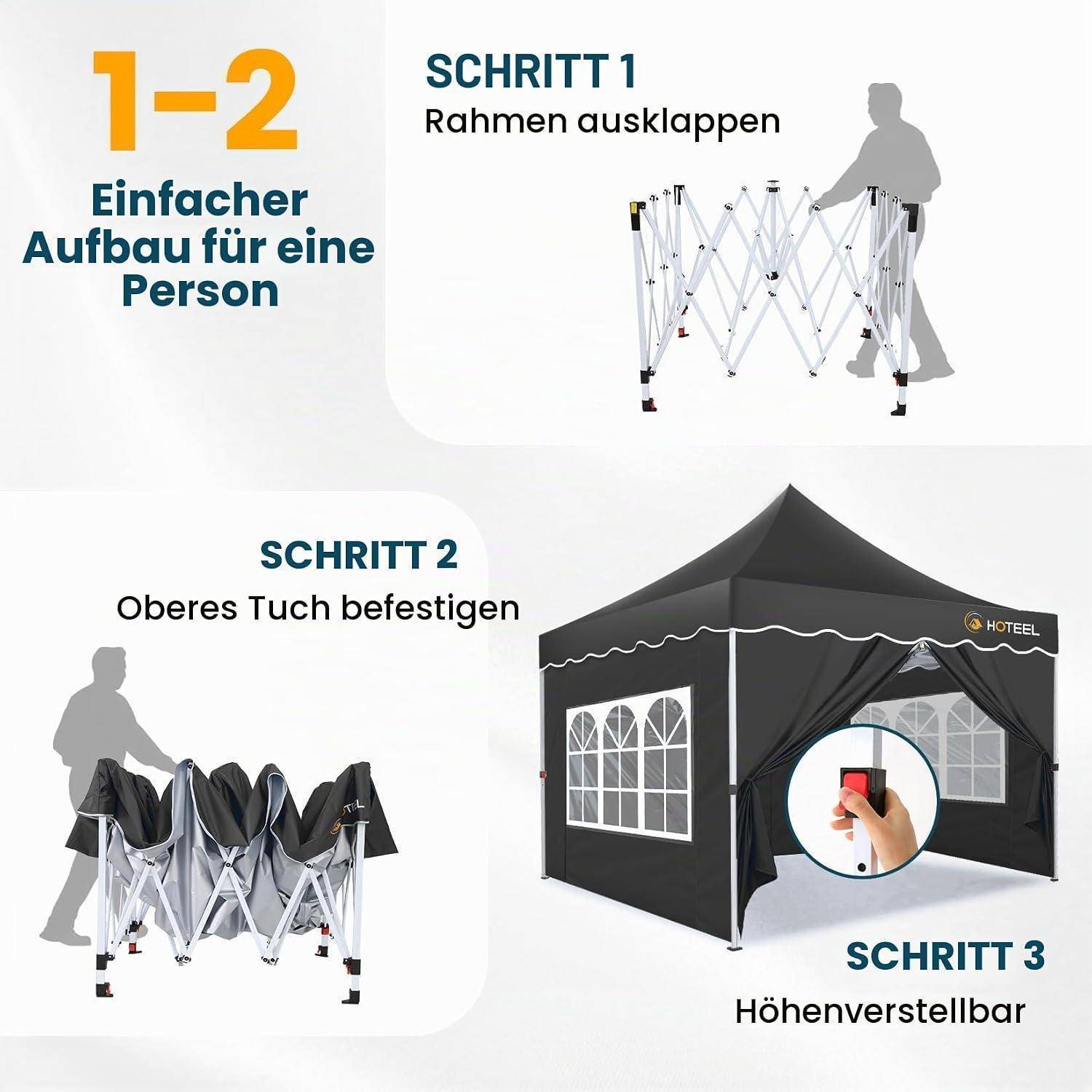 Anleitung für ein 1–2 Personen Pop-up-Zelt: Schritt 1 Gestell auseinanderfalten, Schritt 2 Oberstoff befestigen, Schritt 3 Höhe einstellen.
