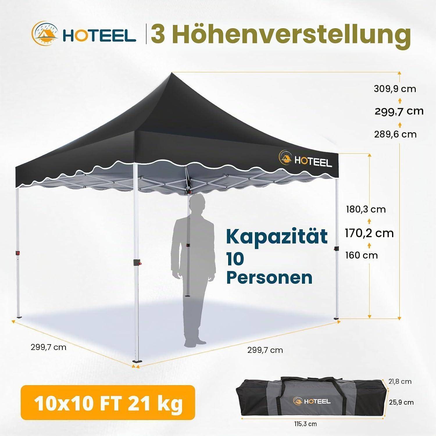 Illustriertes HOTEEL Pop-up-Pavillon-Zelt mit gekennzeichneten 3 Höheneinstellungen, Fassungsvermögen für 10 Personen, Abmessungen und Tragetasche.