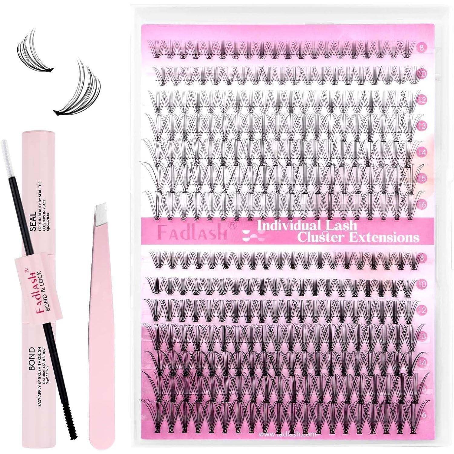 Verpackungsbild von Fadlash-Wimpernverlängerungen mit einzelnen Wimpernbüscheln in verschiedenen Längen und Applikationswerkzeugen im rosa Branding.