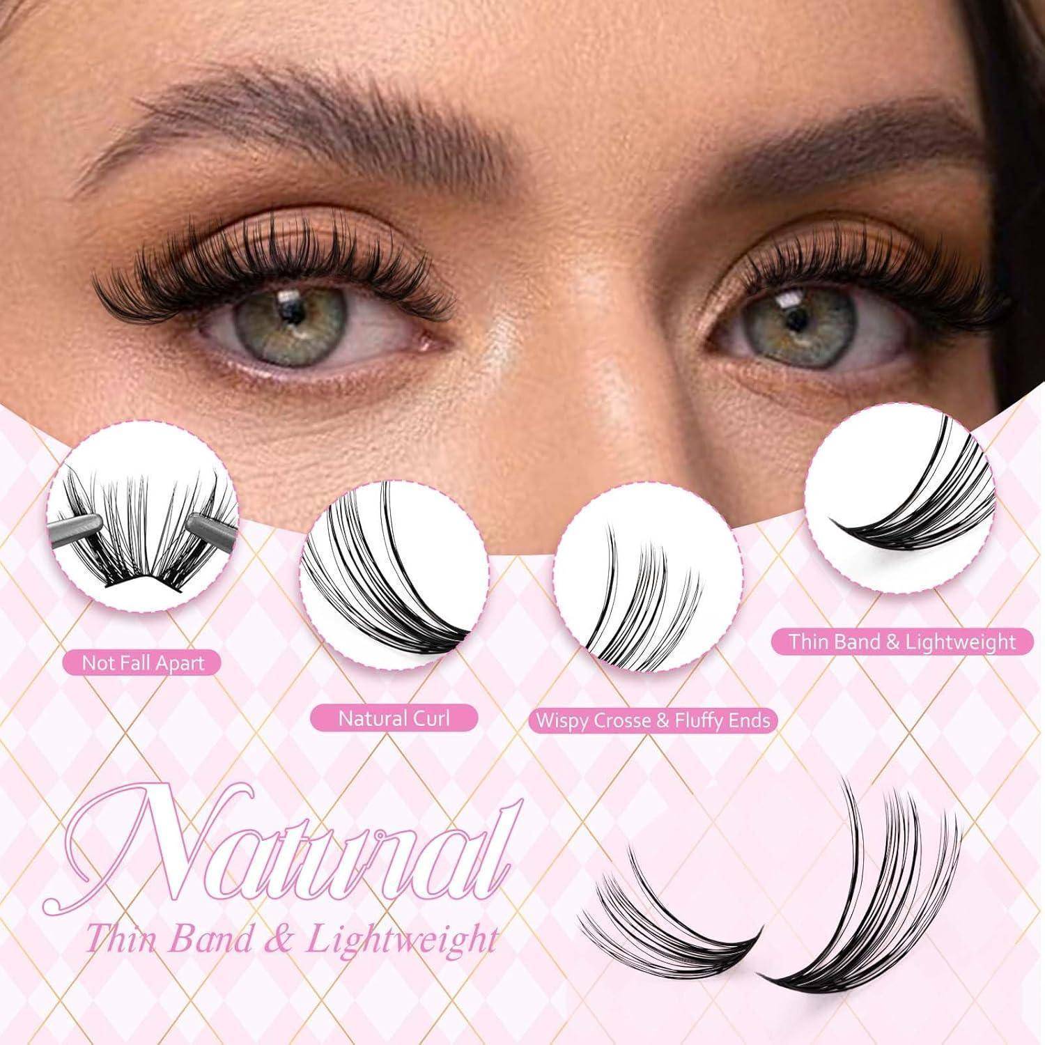 Nahaufnahme von Augen mit falschen Wimpern, mit Produkt-Callouts, die 