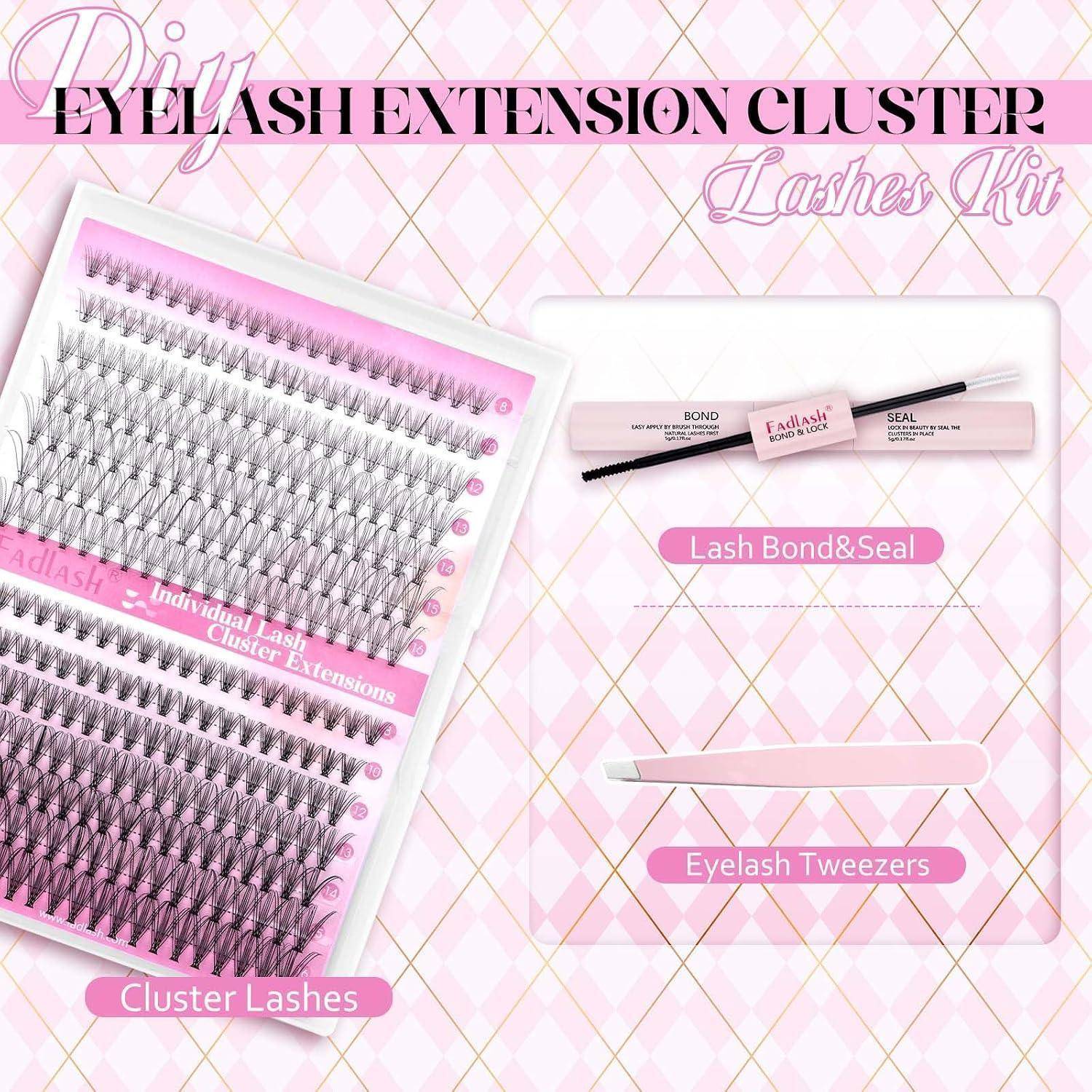 Werbegrafik für ein Wimpernverlängerungs-Cluster-Set mit Cluster-Wimpern, einer Tube mit Wimpernkleber und Versiegelung samt Applikator und Wimpernpinzetten.