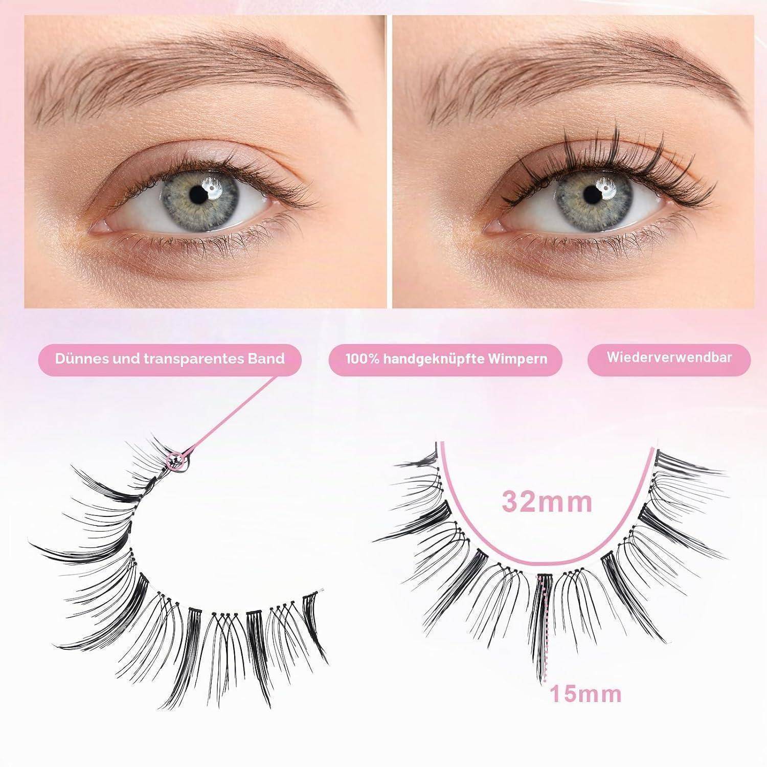 Vorher-und-Nachher-Augen, die künstliche Wimpern zeigen; Beschriftungen heben ein dünnes transparentes Band hervor, 100% handgebundene Wimpern, wiederverwendbar, mit Größen von 32 mm und 15 mm.
