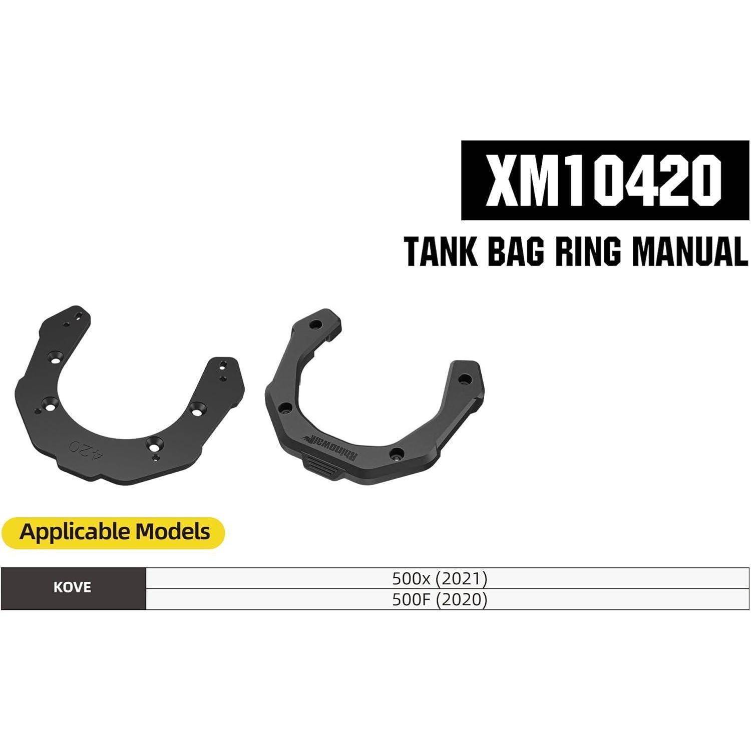 Produktbild für „XM10420 Tankbeutel-Ringhalterung Bedienungsanleitung" mit zwei schwarzen Ringhalterungen und anwendbaren Modellen Kove 500x (2021) und 500F (2020).