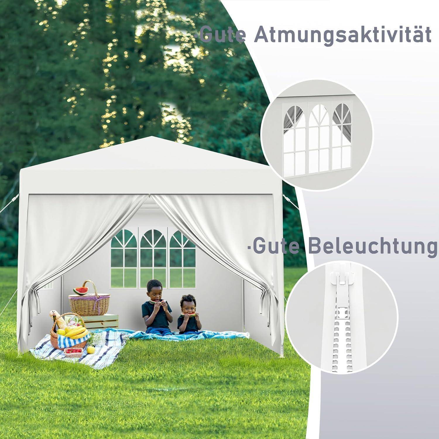 Kinder spielen in einem weißen Outdoor-Zelt auf Gras, mit Beschriftungen „Gute Atmungsaktivität