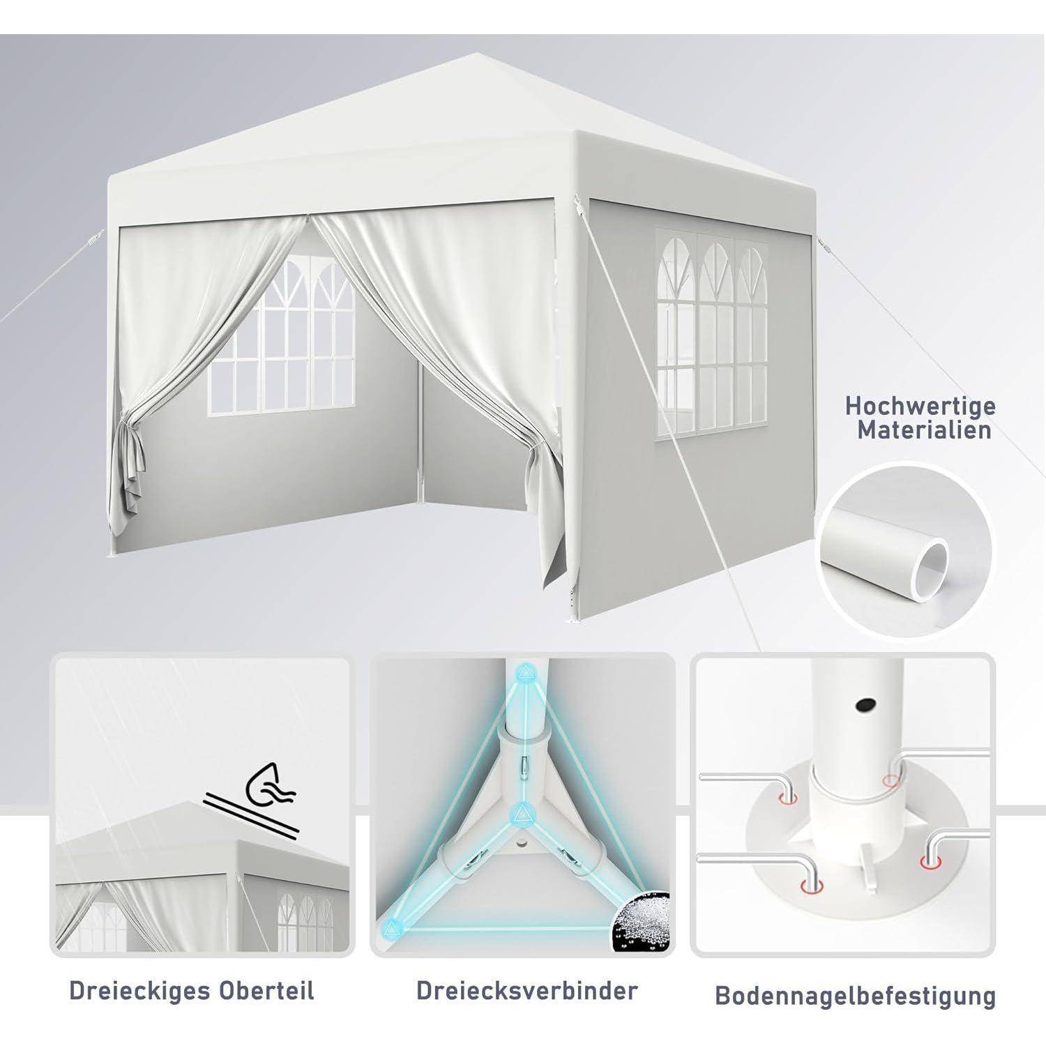 Werbegrafik eines weißen Pavillon-Zelts mit drei Funktionen: Dreiecksdach, Dreieck-Verbinder und Bodennagel-Befestigung; Text sagt 