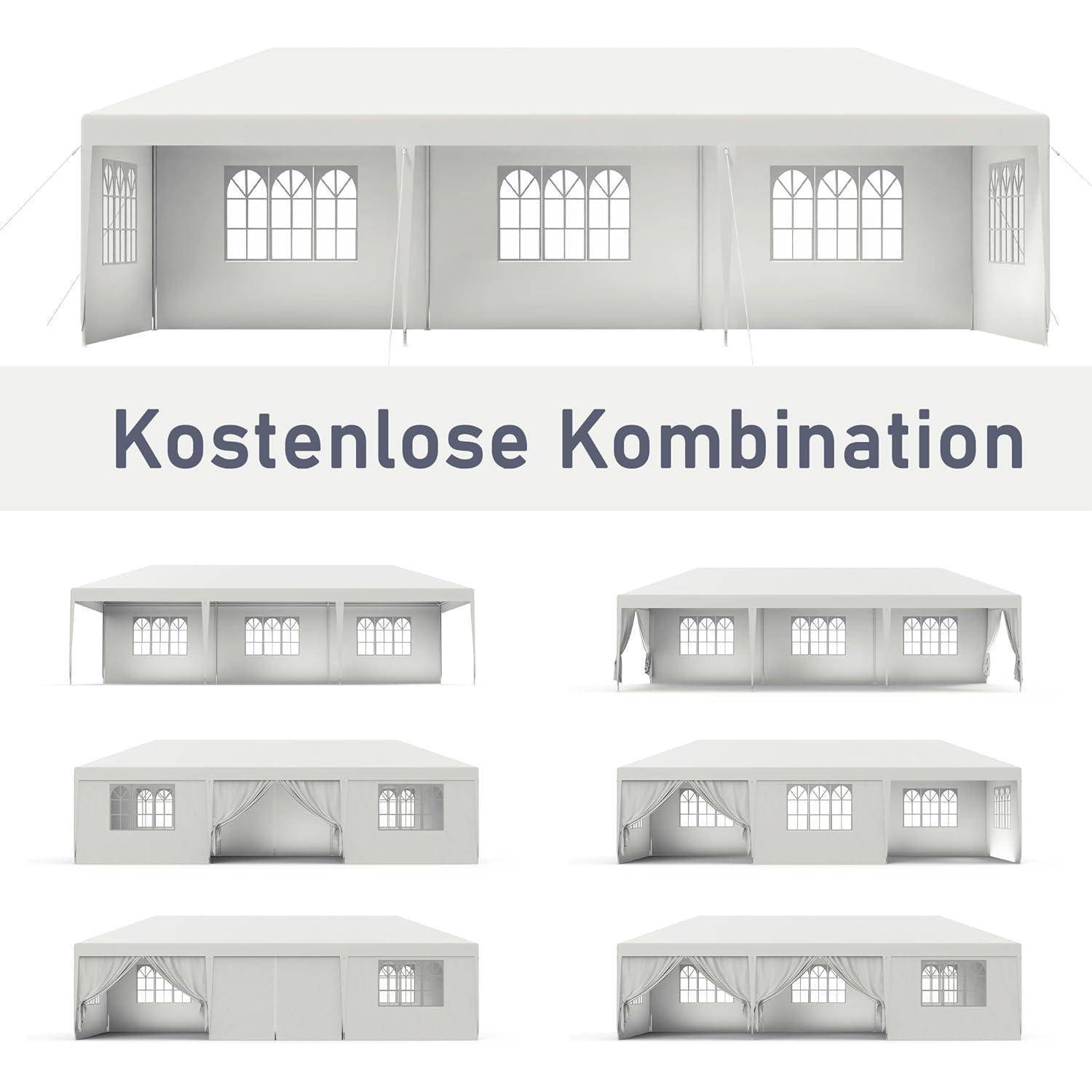 Werbegrafik mit einem weißen Zelt mit Fensterfeldern in mehreren Layoutkombinationen, mit der Bezeichnung „Kostenlose Kombination
