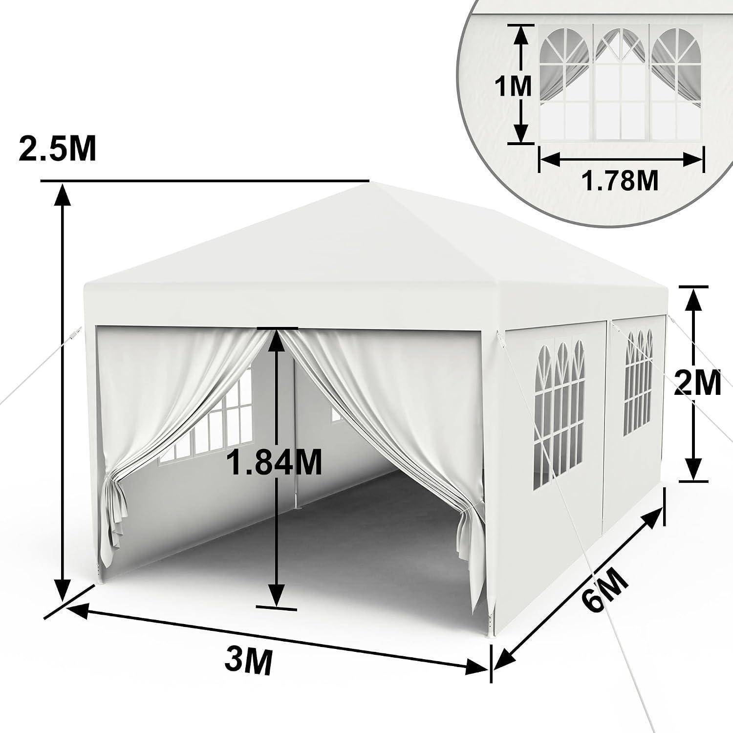 Diagramm eines weißen 3m x 6m Zelts mit 2,5m Firsthöhe, 2m Seitenhöhe, 1,84m Eingangshöhe und 1,78m Fensterbreite.