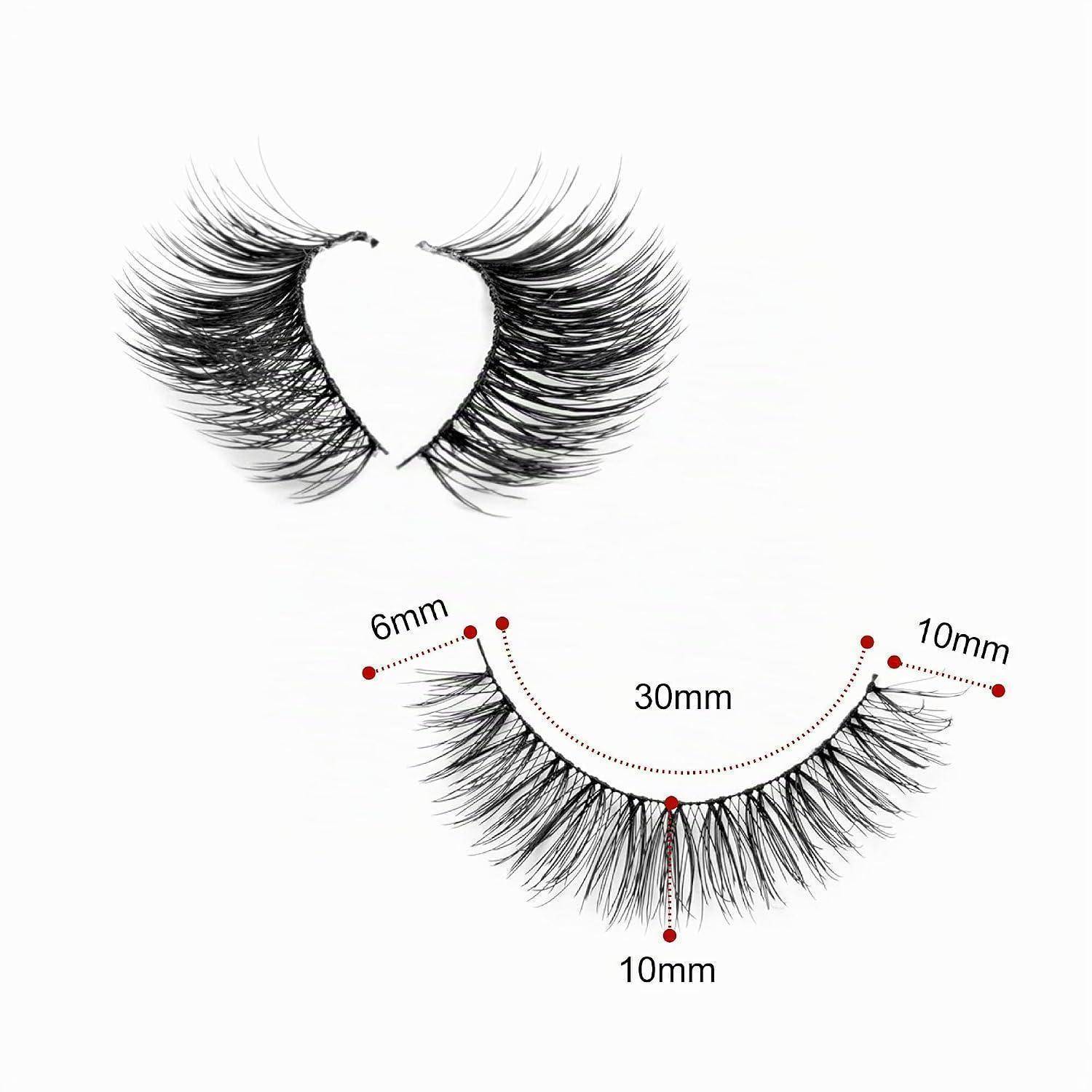 Falsche Wimpern in Herzform oben und ein Paar Wimpern unten mit Größenbezeichnungen 6mm, 30mm und 10mm, die Wimpernmaße und -stil veranschaulichen.